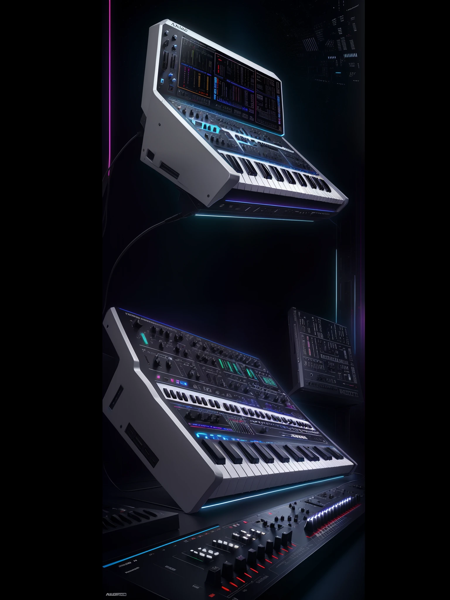 White synthesizer , roland , Korg , Waldorf , masutepiece, top-quality, in 8K , intricate detailes, ultra-detailliert , light Particle、32K Digital Paint, Hyper-Realism,
