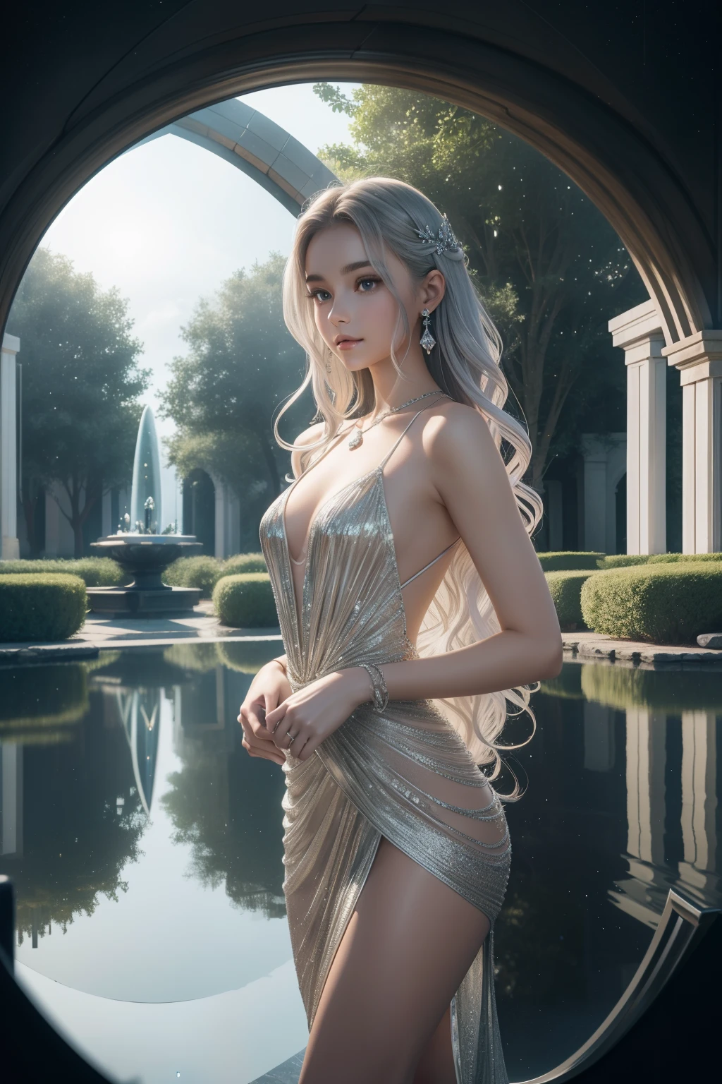 (HD: 1.2), (Best Quality: 1.2), (8K: 1.2), (Underground scattering: 1.1), beautiful face, beautiful eyes, Mirror Goddess,Silver flowing curls of hair, serene expression,Gown with a mirror-like translucency, dress with mirror-like reflective effects,Small mirror pendant, small mirror earrings, silver bracelet,Aura of reflective light surrounding her, like mirrors,Garden of Crystal Reflection,Crystal pond,Arch of mirrors,Sculptures of reflection,Enchanting illumination