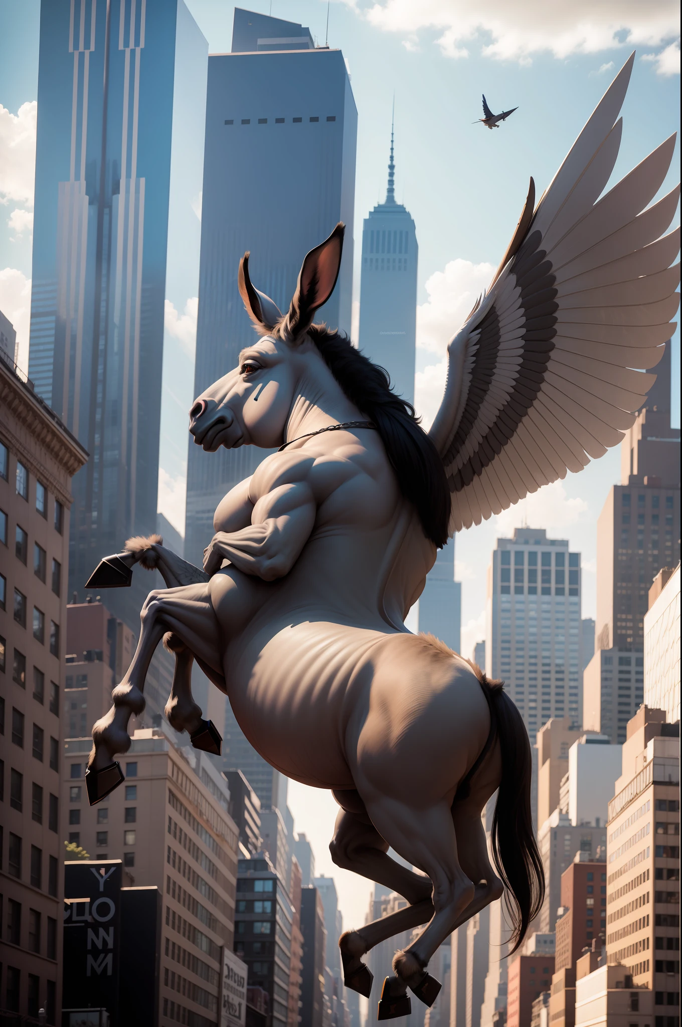 a donkey with wings flying in new york city