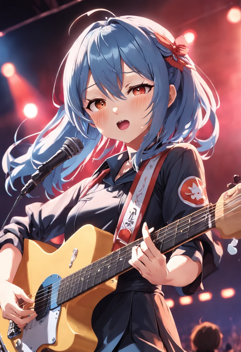 anime - style image of a woman with a guitar and microphone, realistic anime 3 d style, playing guitar onstage, with index finger, anime styled 3d, digital render, anime moe artstyle, smooth anime cg art, rin, marin kitagawa fanart, big head on stage, painted in anime painter studio