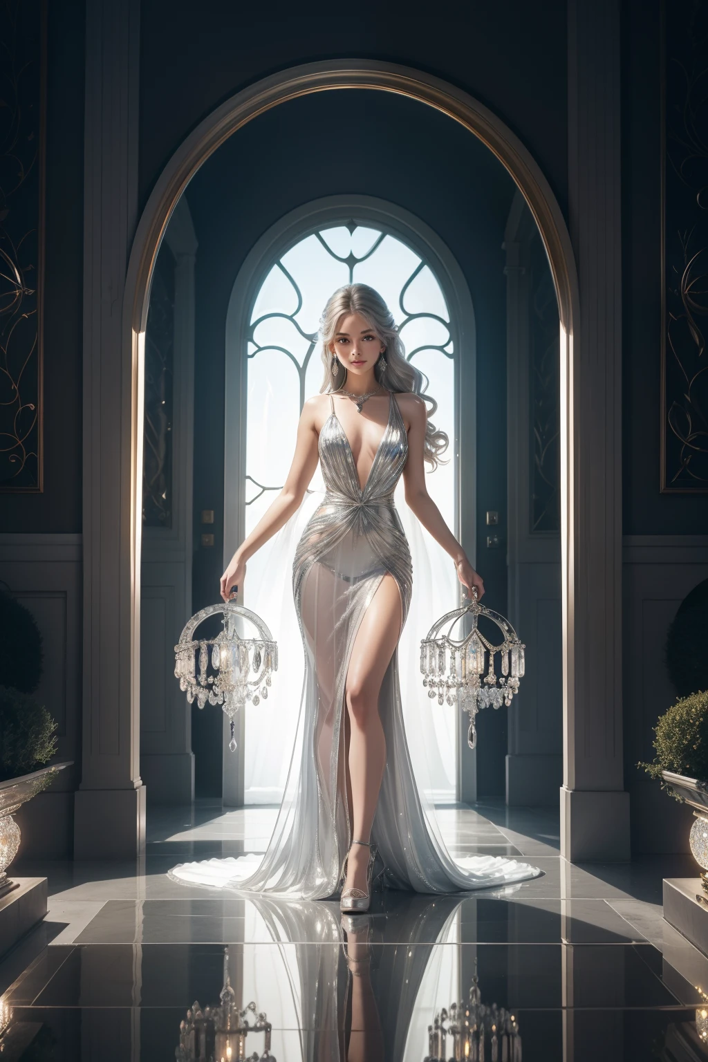 (HD: 1.2), (Best Quality: 1.2), (8K: 1.2), (Underground scattering: 1.1),  beautiful face, beautiful eyes, Mirror Goddess,Silver flowing curls of hair, serene expression,Gown with a mirror-like translucency, dress with mirror-like reflective effects,Small mirror pendant, small mirror earrings, silver bracelet,Aura of reflective light surrounding her, like mirrors,Garden of Crystal Reflection,Crystal pond,Arch of mirrors,Sculptures of reflection,Enchanting illumination