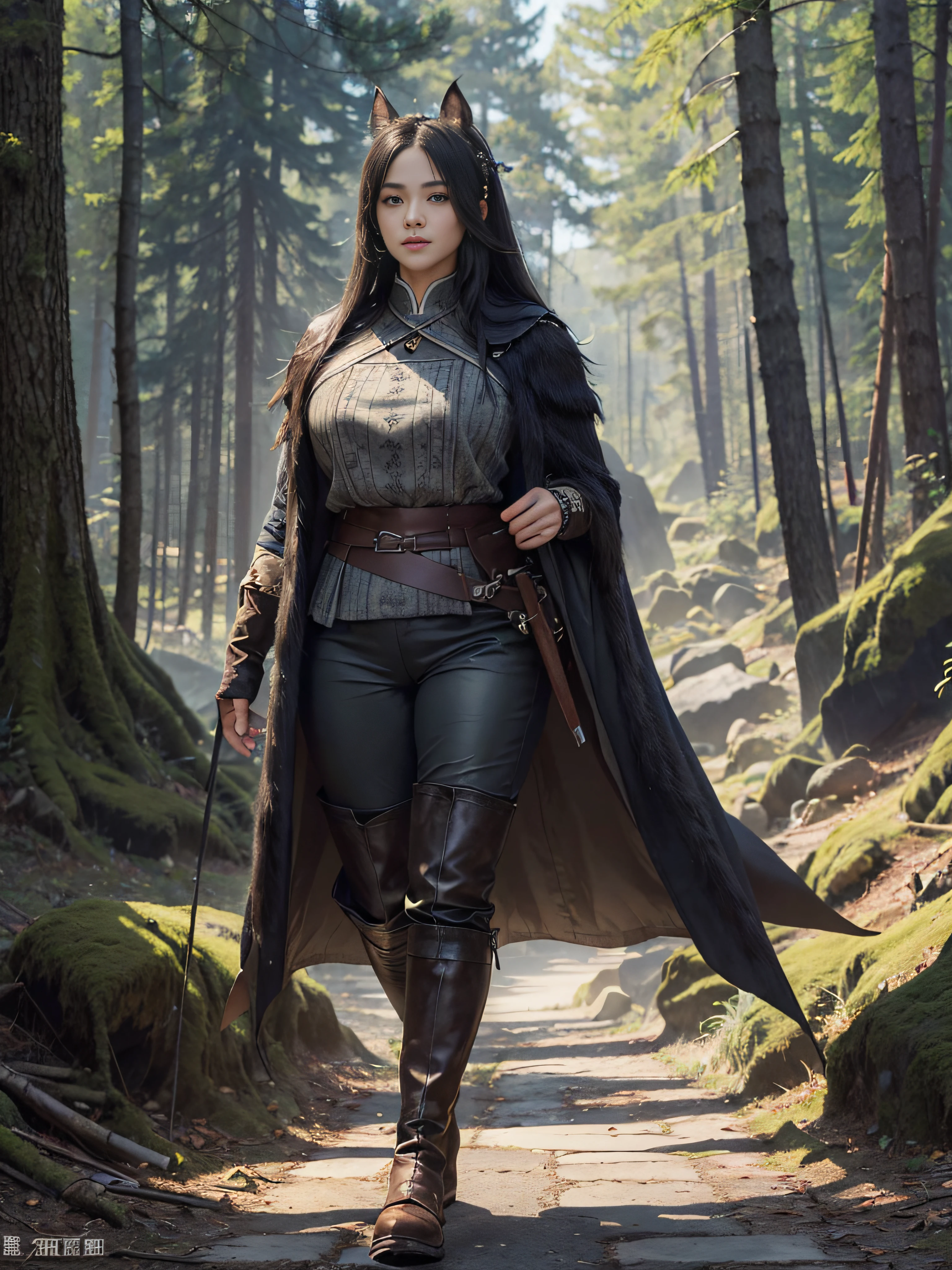 (illustratio), (Increase the resolution)(美丽细致的眼睛), (best qualtiy),(ultra - detailed), (tmasterpiece)(详细的脸)，The tall，a matural female，Absolutely beautiful，The temperament of a queen，tmasterpiece，best qualityer，Full body illustration，Fine and detailed eyes and detailed face， garments：There are animal ears，Orc symbaroum，cruel grin，Ragged clothes on the upper body，Wrap the whole body，The lower body is wearing animal skin pants，Wear knee-length boots，Wide-mouthed boots，Over-the-knee stockings，Show off the look of your boots：Tall，Plump body，There are muscles，The stands up，Walking forward，（Wide buttock：1.4），（thick thight：1.6），long leges，Outdoor forest，As tall as a tree