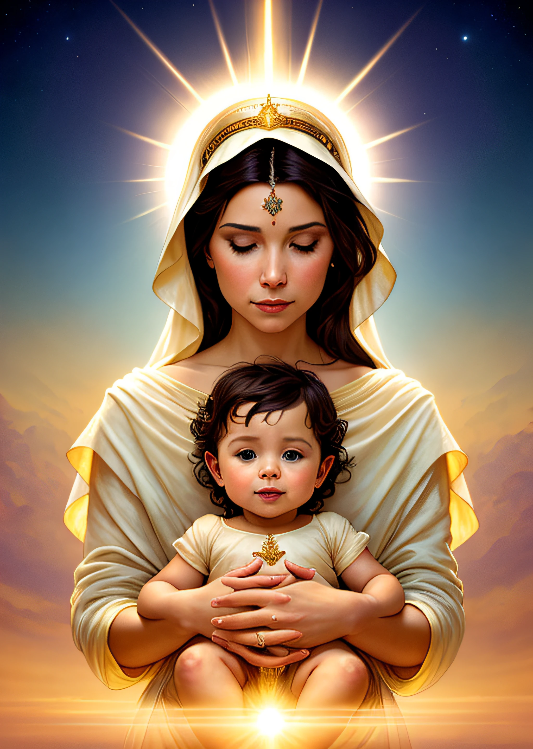 masterpiece, woman and child, holy virgin mary with little boy in her arms, halo over head, smiling, heavenly sky, half body, ((divine light)), ethereal, clouds, back lighting, realistic portrait, symmetrical, strong, intricate drawing, highly detailed, digital painting, art station, concept art, fluid, sharp focus, illustration, against heaven's gate, cinematic lighting, works by artgerm and greg rutkowski and alphonse mucha
