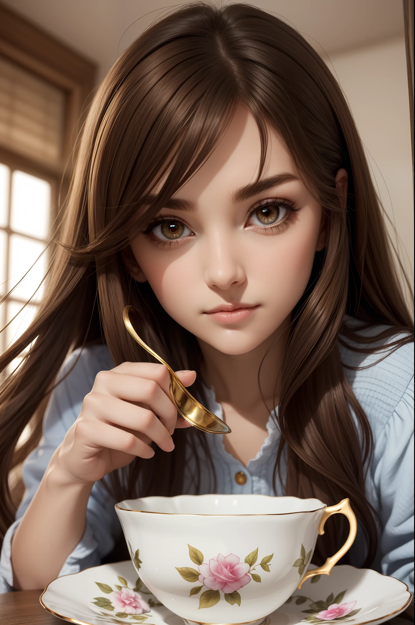 Woman in teacup，Long brown hair，Bright eyes，