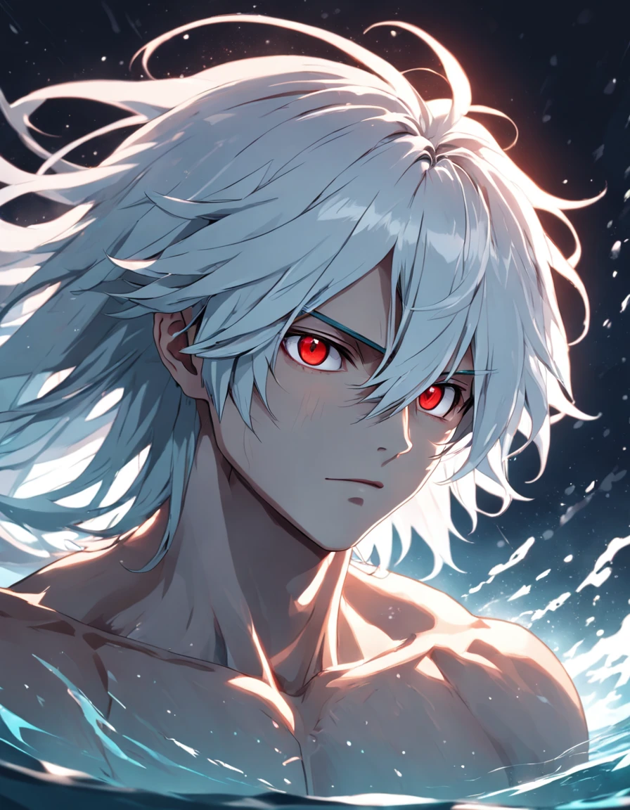 1 man, white hair with ponytail, bright white eyes, Divine, bright white tornado-shaped tattoo on right arm, wind powers, short Katana on right hand, 40 years old appearance, experienced