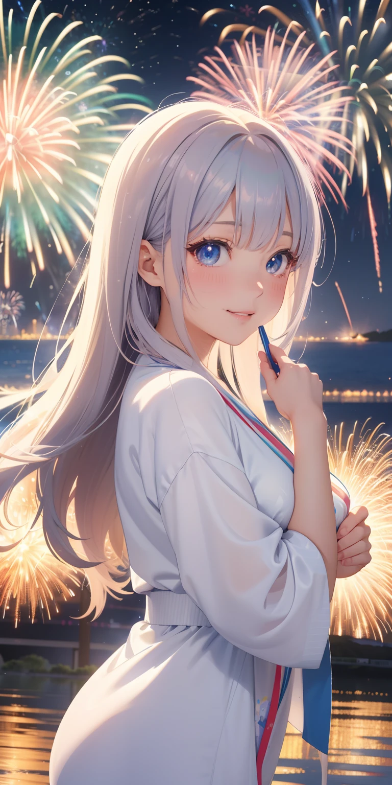 masutepiece, High resolution, 8K, anime woman, Delicate and detailed writing 、Detailed digital illustration、独奏、(Detailed dynamic fireworks background)、firework background、big explosion、Very long pretty woman with silver hair、Straight hair、Bangs、absurdly long hair 、striated hair、landscape、Fireworks are launched to the surface of the water、eyes large, Double and cute、The inside of the eye shines like a diamond、Beautiful light blue pupils、bath robe、(landscape)、A big smile、Fireworks、Female rainbow fireworks in the distance、Background full of fireworks、(Glittering Starry Sky 1.4)、Watching fireworks at the seaside