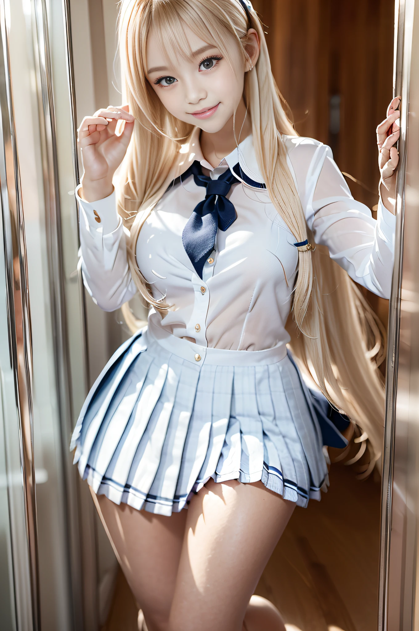 portlate、((School Uniforms:1.5))、bright expression、poneyTail、Young shiny shiny white shiny skin、Best Looks、Blonde reflected light、Platinum blonde hair with dazzling highlights、shiny light hair,、Super long silky straight hair、Beautiful bangs that shine、Glowing crystal clear attractive big blue eyes、(Very beautiful nice cute 16 year old girl)、Lush bust,Beautiful detailed eyes,(( beautiful detailed nose)),(( Full body:1.5)),natural make up、((Marie Rose))+,(Makeup that the eyes emphasize)、((Pleated skirt with many folds)),(((Beautiful white blouse:1.5))),(Take a cute pose:1.3)、Cute gesture、smil、(((full body seen)))