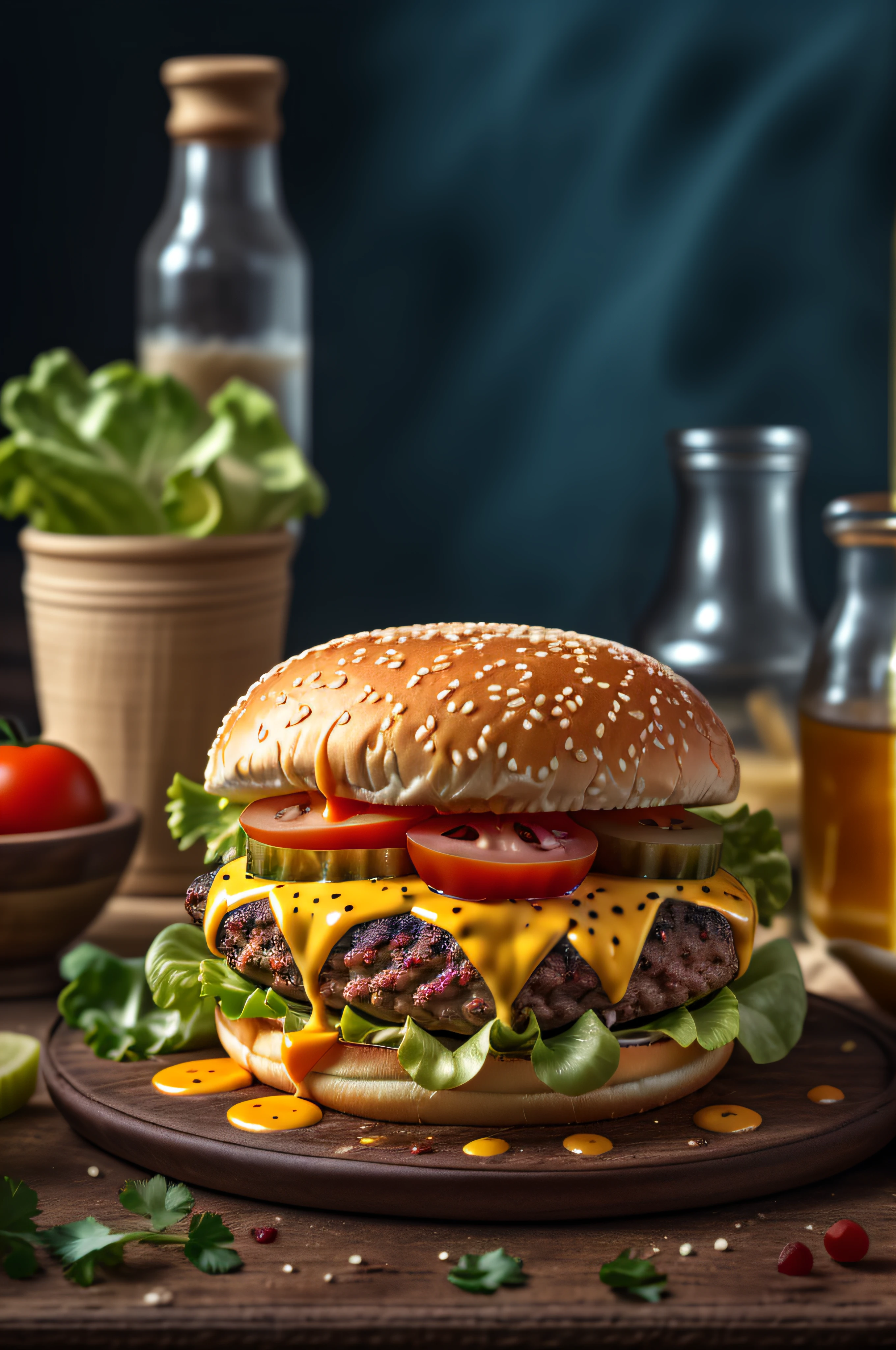 masterpiece, best quality,burger photo, food, food focus, no humans, tomato, blurry, still life, realistic, burger, cup, lettuce, fruit, onion, bowl, depth of field, vegetable, blurry background, cheese, bottle