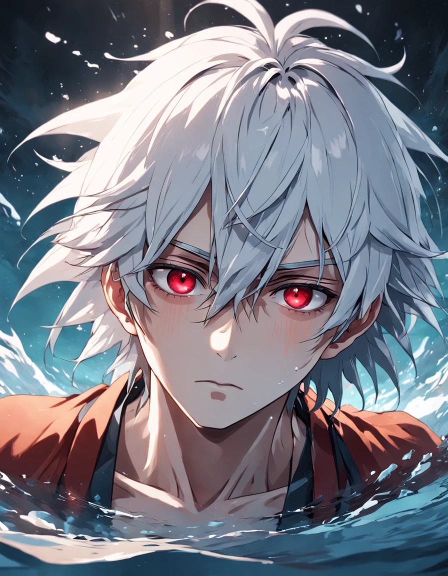 male people，((Masterpiece)), ((Best quality)), Ultra detailed,((illustration)), Dynamic Angle, Detailed light, (Delicate eyes), 1boy, Male focus, white hair, very long hair, red eyes, body immersed in water, mysterious storyline, Vibrant colors, Clear Lines, High Sharpness, Detailed face, Deitaled Eyes, darkly, style of anime 4k, 4K anime wallpaper, High quality anime art style， Anime moe art style， Anime art wallpaper 8 K， Anime art wallpaper 4 K, PIXIV, midjourney portrait, tmaterpiece, Ultra foto realism, 32K resolution, Excellent painting in extreme detail