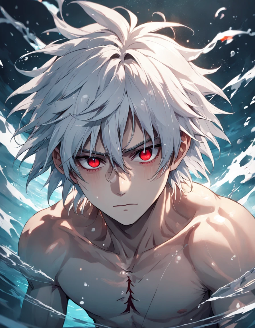 male people，((Masterpiece)), ((Best quality)), Ultra detailed,((illustration)), Dynamic Angle, Detailed light, (Delicate eyes), 1boy, Male focus, white hair, very long hair, red eyes, body immersed in water, mysterious storyline, Vibrant colors, Clear Lines, High Sharpness, Detailed face, Deitaled Eyes, darkly, style of anime 4k, 4K anime wallpaper, High quality anime art style， Anime moe art style， Anime art wallpaper 8 K， Anime art wallpaper 4 K, PIXIV, midjourney portrait, tmaterpiece, Ultra foto realism, 32K resolution, Excellent painting in extreme detail