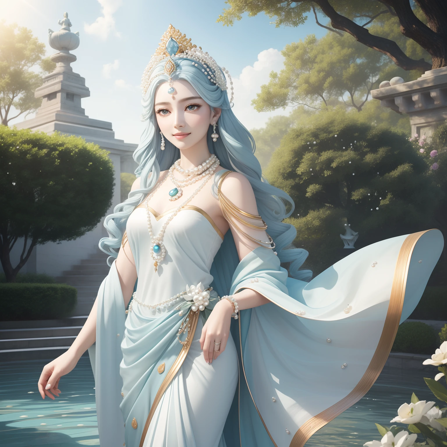 (hard disk: 1.2), (Best Quality: 1.2), (8K: 1.2), (Underground scattering: 1.1),Pearl Goddess, Gentle smile, Hair flowing like waves, Fair complexion, Pale blue robe with pearl motifs, Pearl hair ornament, Pearl necklace, Pearl earrings, Pearl bracelet, Pearl anklet, Pearl Temple, Garden with hues of white and light blue, shimmering like pearls, Statue of the Pearl Goddess