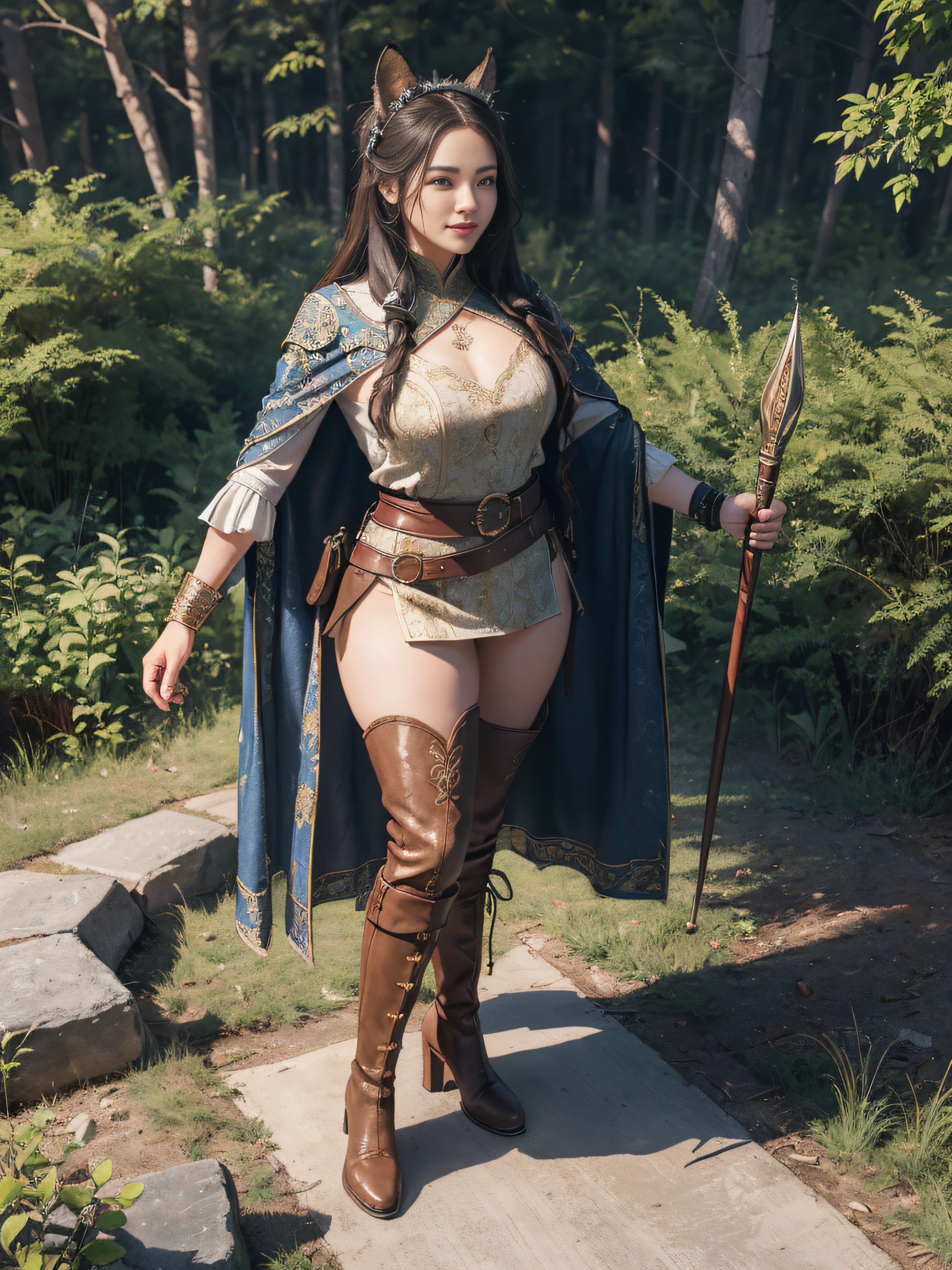 Best quality, masterpiece, ultra high res, (photorealistic:1.4), raw photo, 1girl, offshoulder, in the dark, deep shadow, low key, cold light, blue eyes, elf ears, black long hair, bangs, leather fantasy clothes, elf girl, big bust, cute face, full body, medieval , (((full body))), silver details, archer, medirva, clothes, detailed face, boots, ((archer (bow))), leather armor, furr coat,