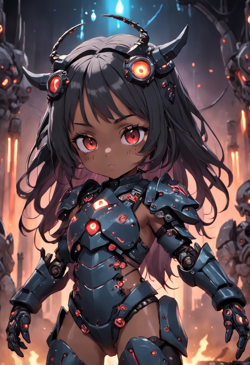 beautiful girl, bone power armor made of joints , dark skin, ((githuc style)), (big tit), mechanical eye, ( spicy power armor littlegothic style), mascara , best quality, sharp even fangs , teeth ,light, rain
