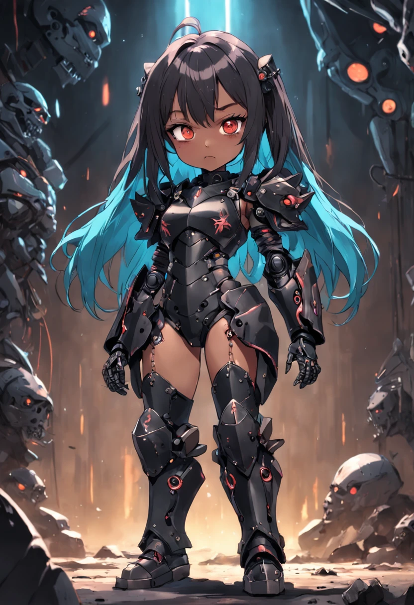 beautiful little girl, bone power armor made of joints , dark skin, ((githuc style)), (big tit), mechanical eye, ( spicy power armor little girl gothic style), mascara , best quality, sharp even fangs , teeth ,light, rain