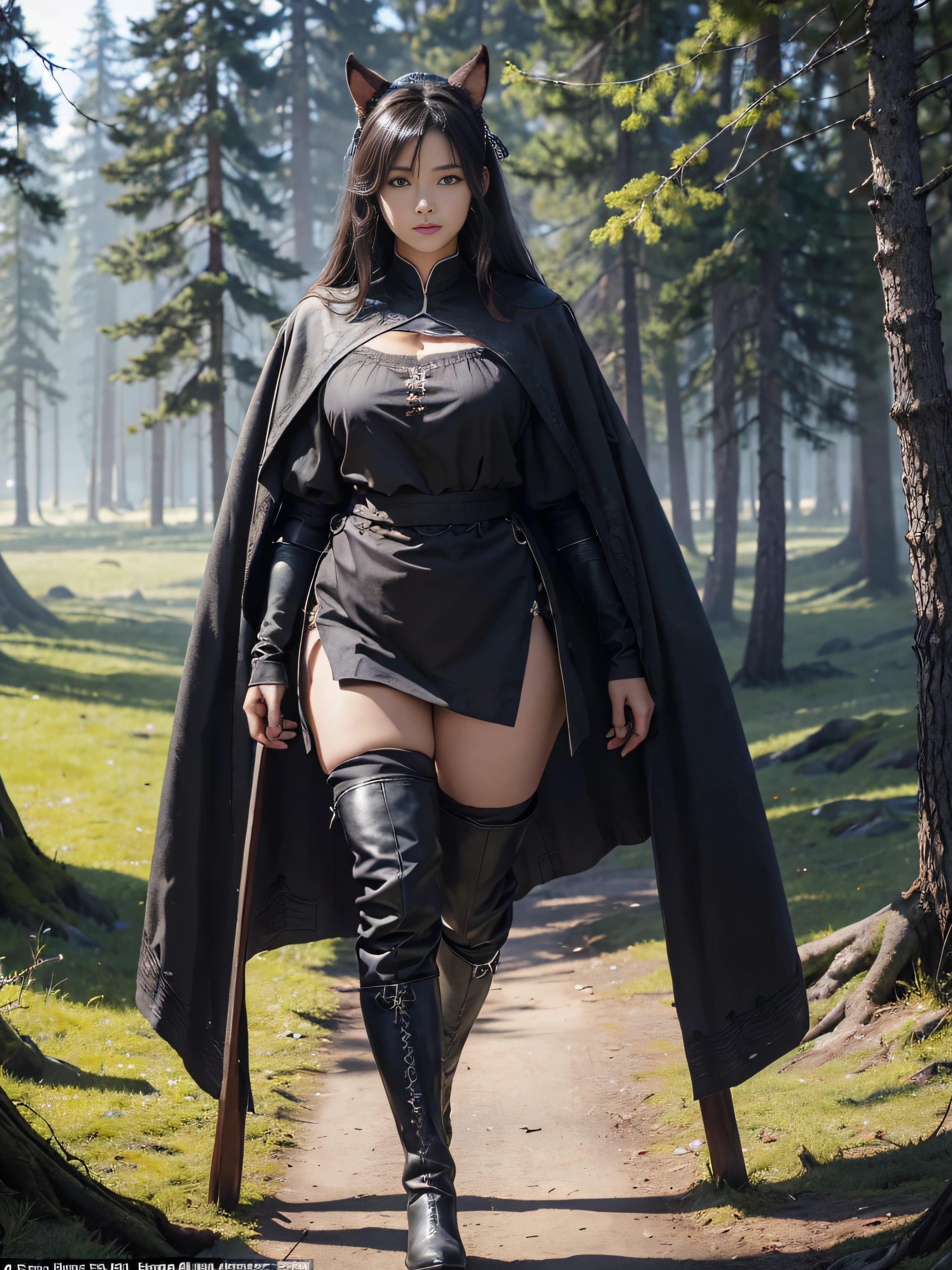 8K Ultra HD, higly detailed, topquality, A full-length. Create a cinematic poster featuring a half-naked female warrior, unbuttoned (black leather) Cloak, Very beautiful woman, with black hair, Petite, ((in full height)) ((facing the viewer)) in a dynamic pose, ((walks towards the viewer)),Flower meadow, haze, Downtown, the rule of thirds, Macro 200 mm, 1,4F, (Natural skin textures, hyper realisitc, soft light, sharpness: 1,2), (intricate detials). :1.12)、nffsw、(Complex Detail、ultradetail:1.15), Soft Cinematic Lights、Adobe Lightroom、Photolab、nffsw、Twisty、higly detailed、(Depth of field:1,4)
