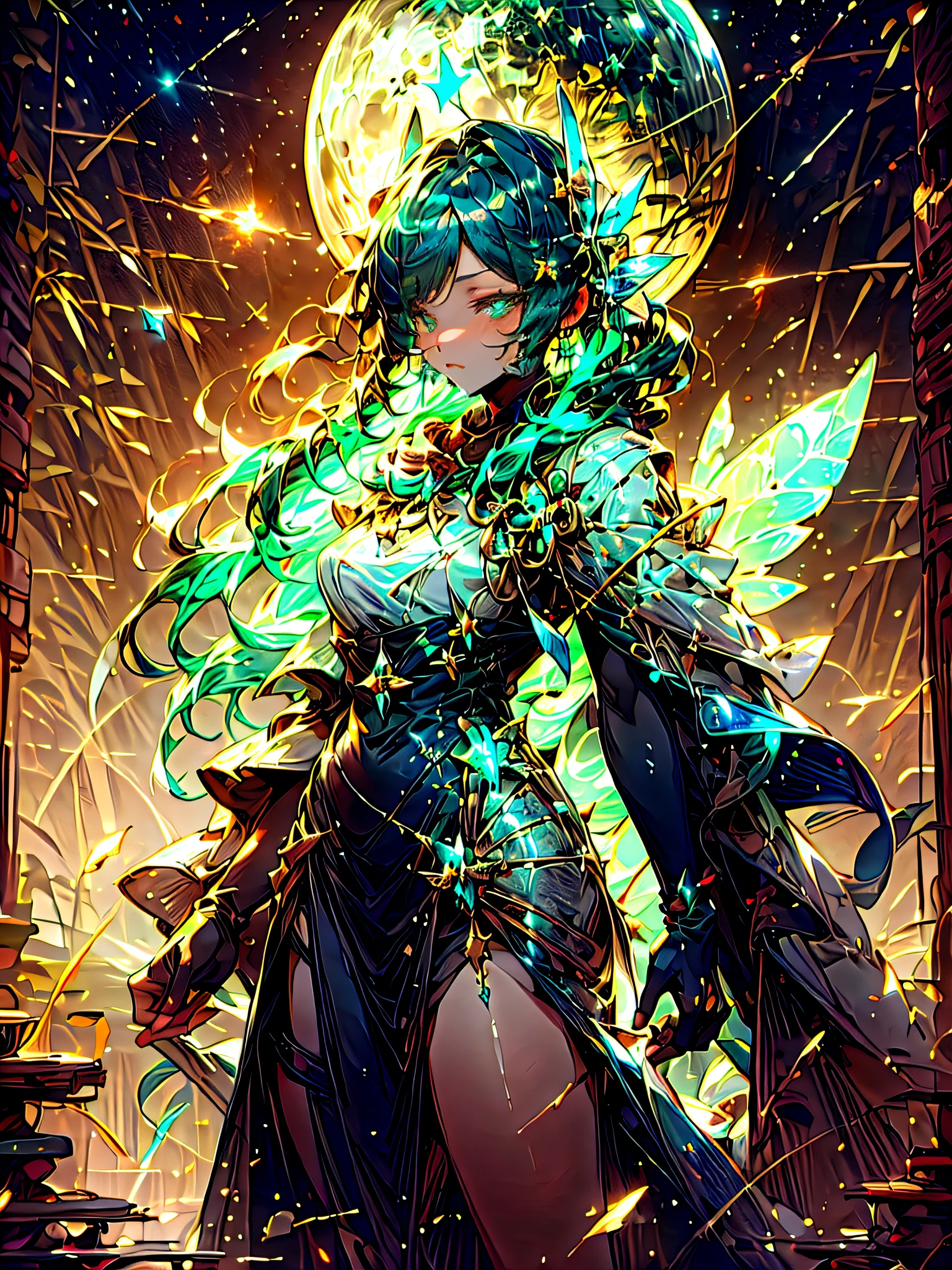 (masterpiece, best quality: 1.3), (16k, high resolution: 1.3), beautiful teen girl, cinematic light, bioluminescence, perfect anatomy, one girl, (Shining clear and beautiful bamboo background: 1.5), (accurate and detailed eyes: 1.5), determined dignified eyes, green hair, long hair, cowboy shot, dynamic poses, movie scene,starry, Kaguya princess costume, fine white skin,strry light, blue Moon,shodanSS_soul3142,glass,Science Fiction,EpicSky,broken glass