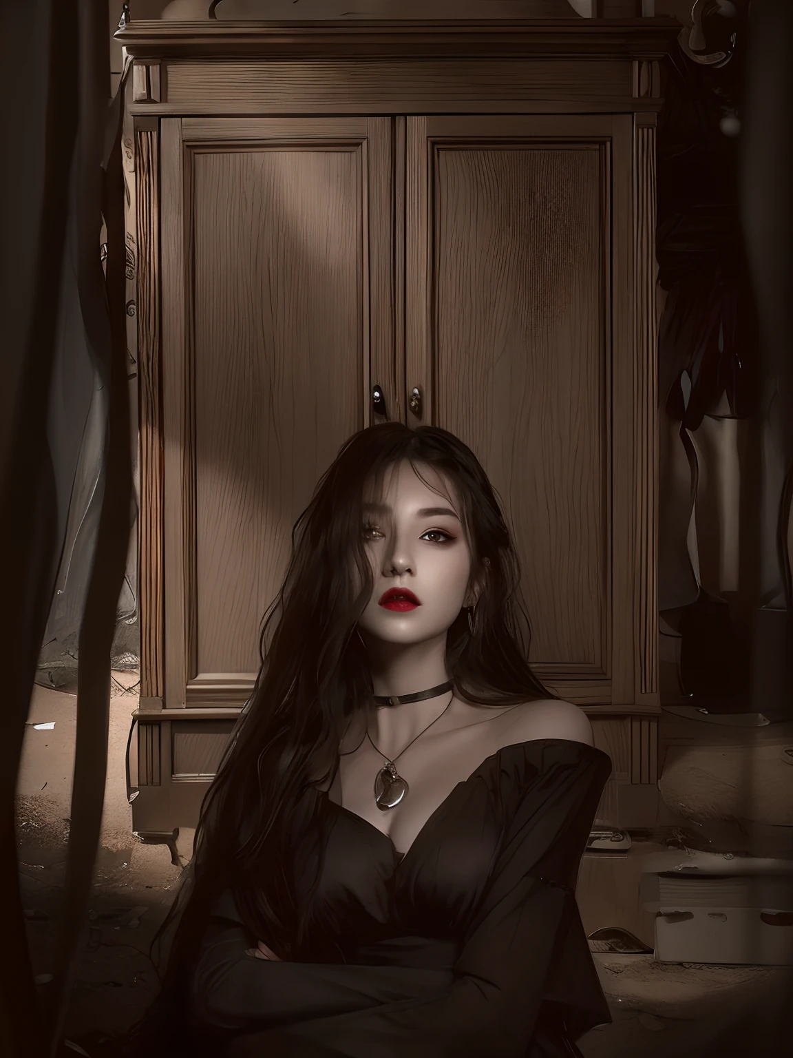 women wear simple clothes, homely dresses with faces like violent psychopaths, dark shades, with a cupboard behind them, full body