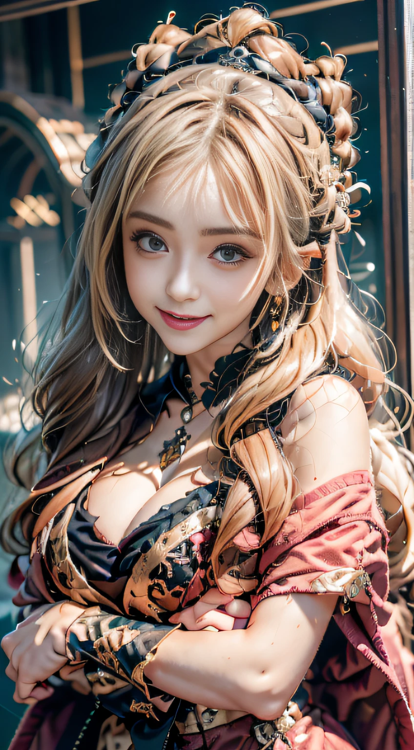 1girl in, Photo, masutepiece, Bedroom Sveta ta in Gothic Gothic interior, Yellow dress fabric, Cheek heart-shaped, Blush pink makeup, mitts, Smile, Pastel color, opulent, Broderry, hugging stuffed animals, Bokeh,