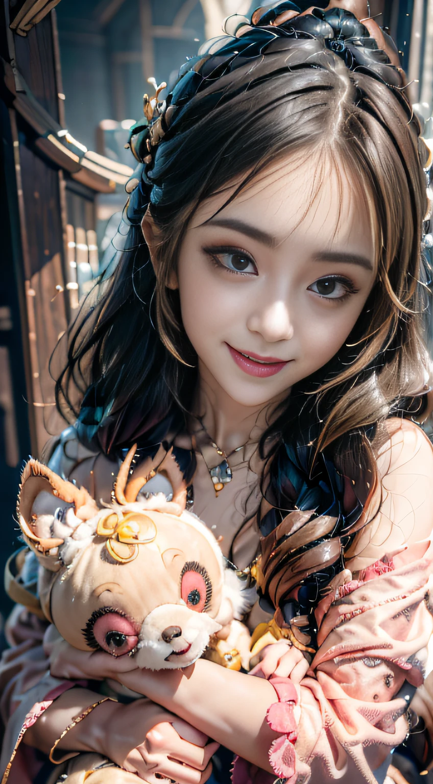 1girl in, Photo, masutepiece, Bedroom Sveta ta in Gothic Gothic interior, Yellow dress fabric, Cheek heart-shaped, Blush pink makeup, mitts, Smile, Pastel color, opulent, Broderry, hugging stuffed animals, Bokeh,