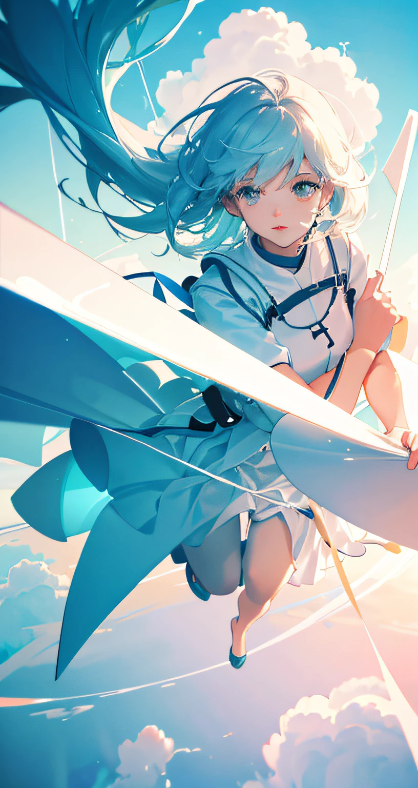 masterpiece, best quality, movie still, 1girl, floating in the sky, cloud girl, cloud, (close-up:1.1), bright, happy, fun, soft lighting, (Bauhaus, shapes, lines, abstract:1.1)