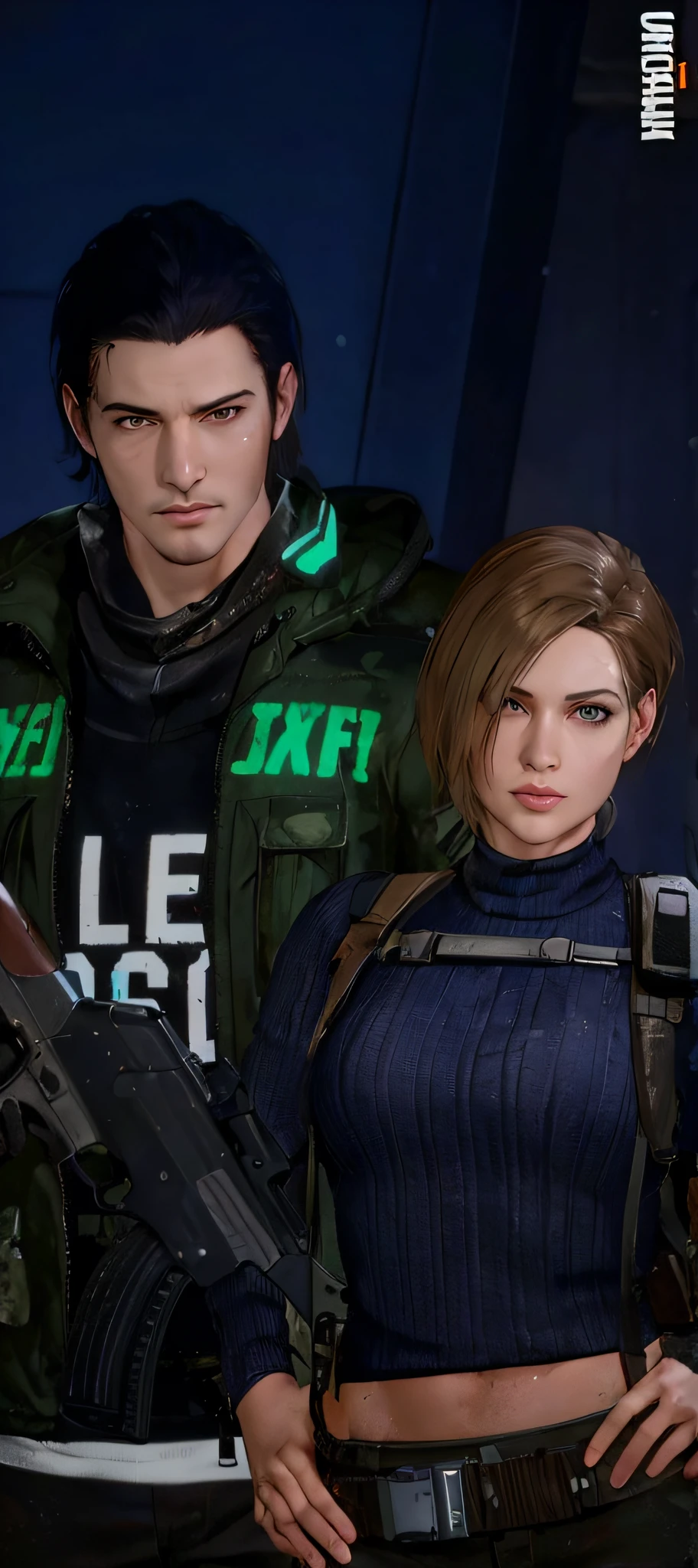 there are two people standing next to each other with guns, medium shot of two characters, realistic artstyle, unreal 5. rpg portrait, character close up, close up character, character art closeup, 8 k character details, resident evil inspired, background of resident evil game, 2020 video game screenshot, glamorous jill valentine, character close-up, best quality