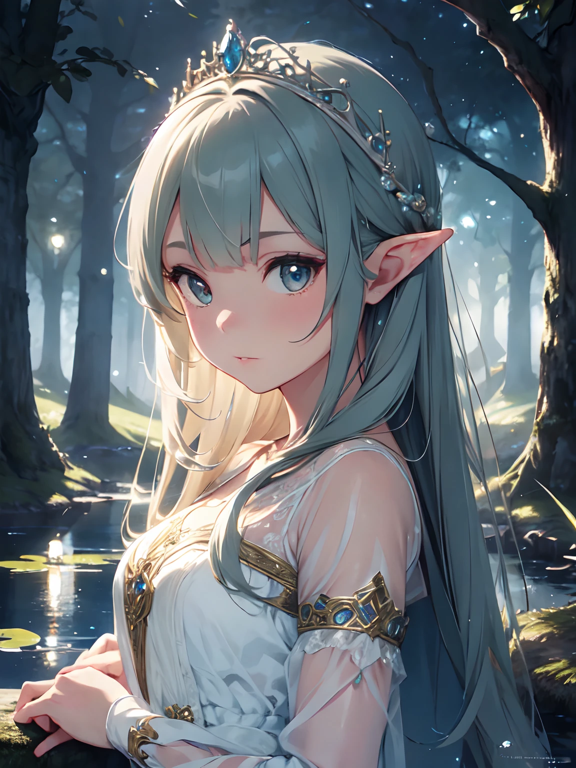 1girl ,masterpiece, best quality, ultra-detailed, illustration, Character: enigmatic elven princess
Style: fantasy elegance
Quality: meticulous attention to intricate details, capturing the essence of nobility
Lighting: soft moonlight illuminating delicate elven features
Shading: subtle gradients enhancing the character's ethereal beauty
Clothing: flowing gown adorned with intricate elven patterns, jeweled tiara
Background: moonlit forest glade with ancient trees and shimmering pond