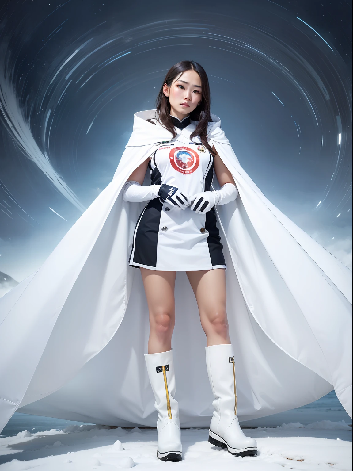 Nature guardian typhoon woman wearing typhoon symbol uniform with white cloak on her back, Wear white gloves on both hands, Wear white boots on her feet, Standing in a typhoon to release energy Full body shot