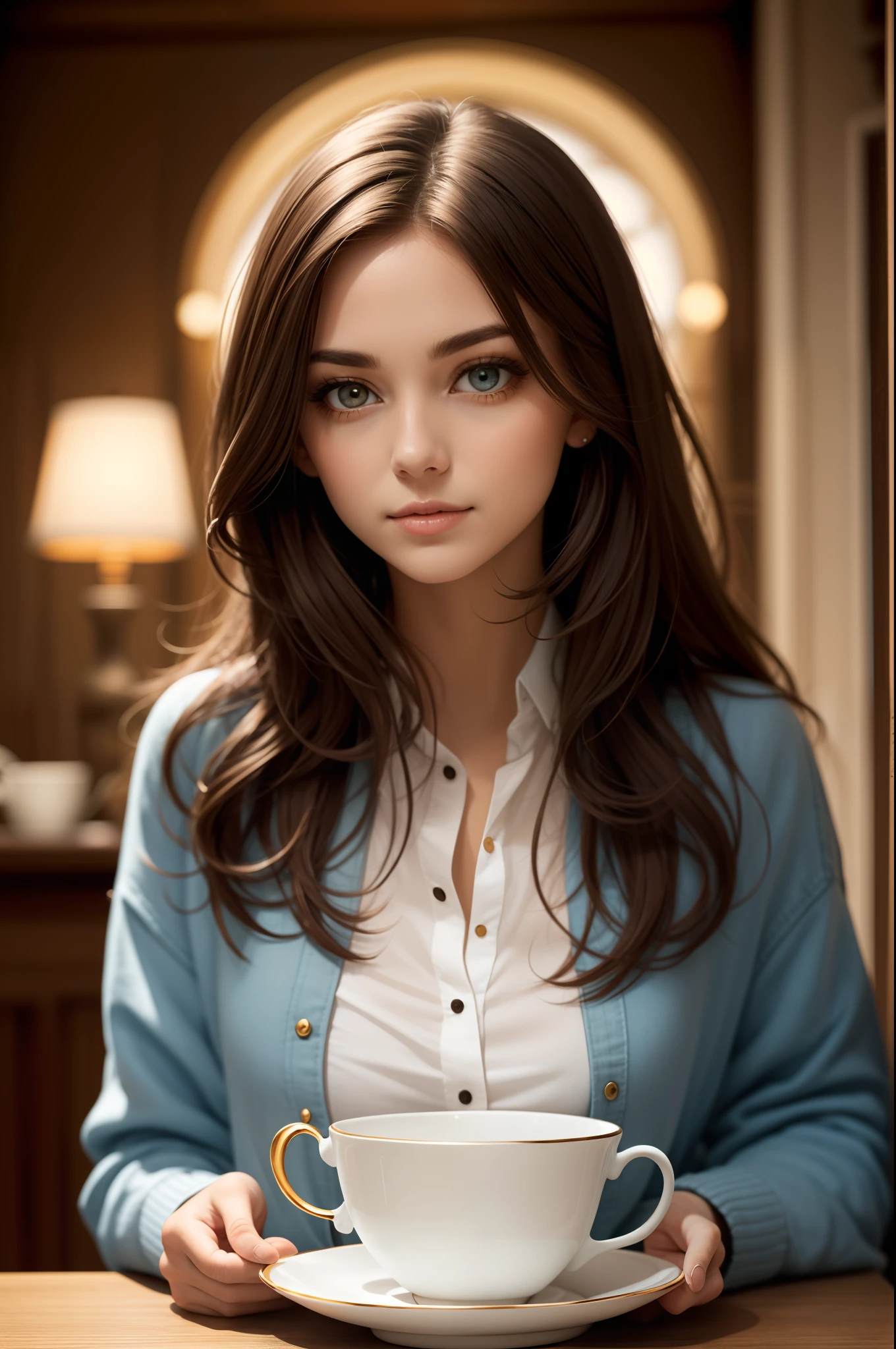 Woman in oversized teacup,Long brown hair,Bright eyes,