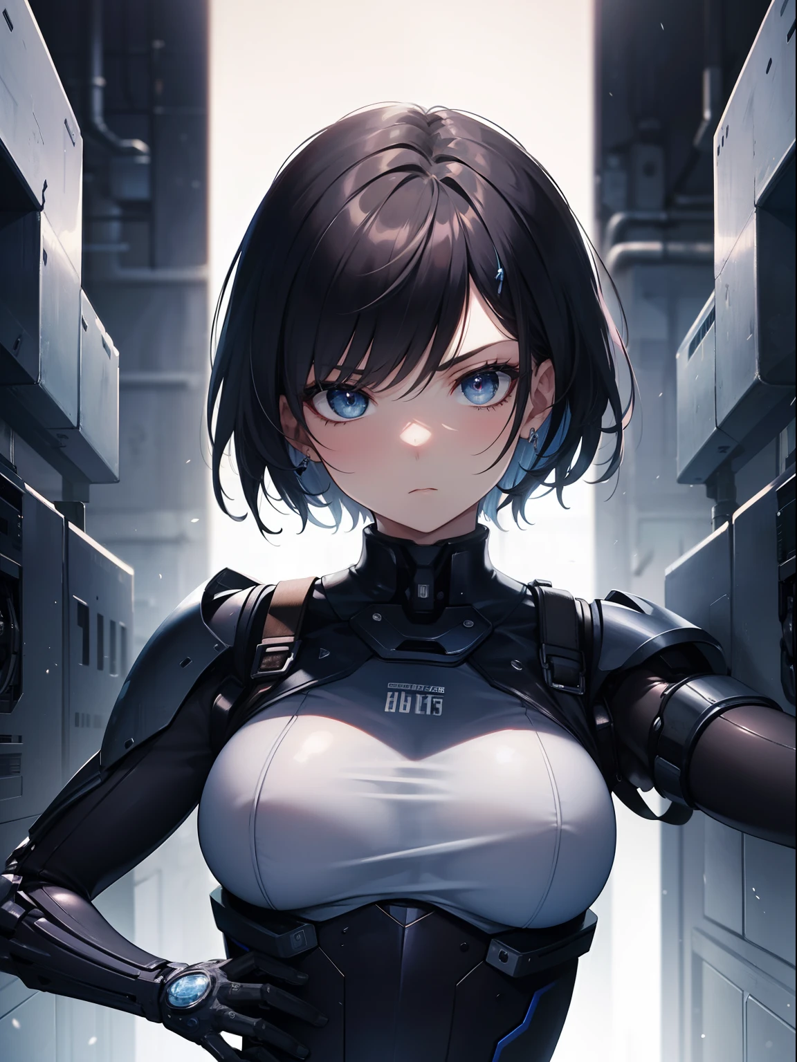 (Masterpiece, Best quality, ultra high resolution),1girl,short hair,gas mask,Tech Armor, Heavy Armor, beautiful and detailed eyes