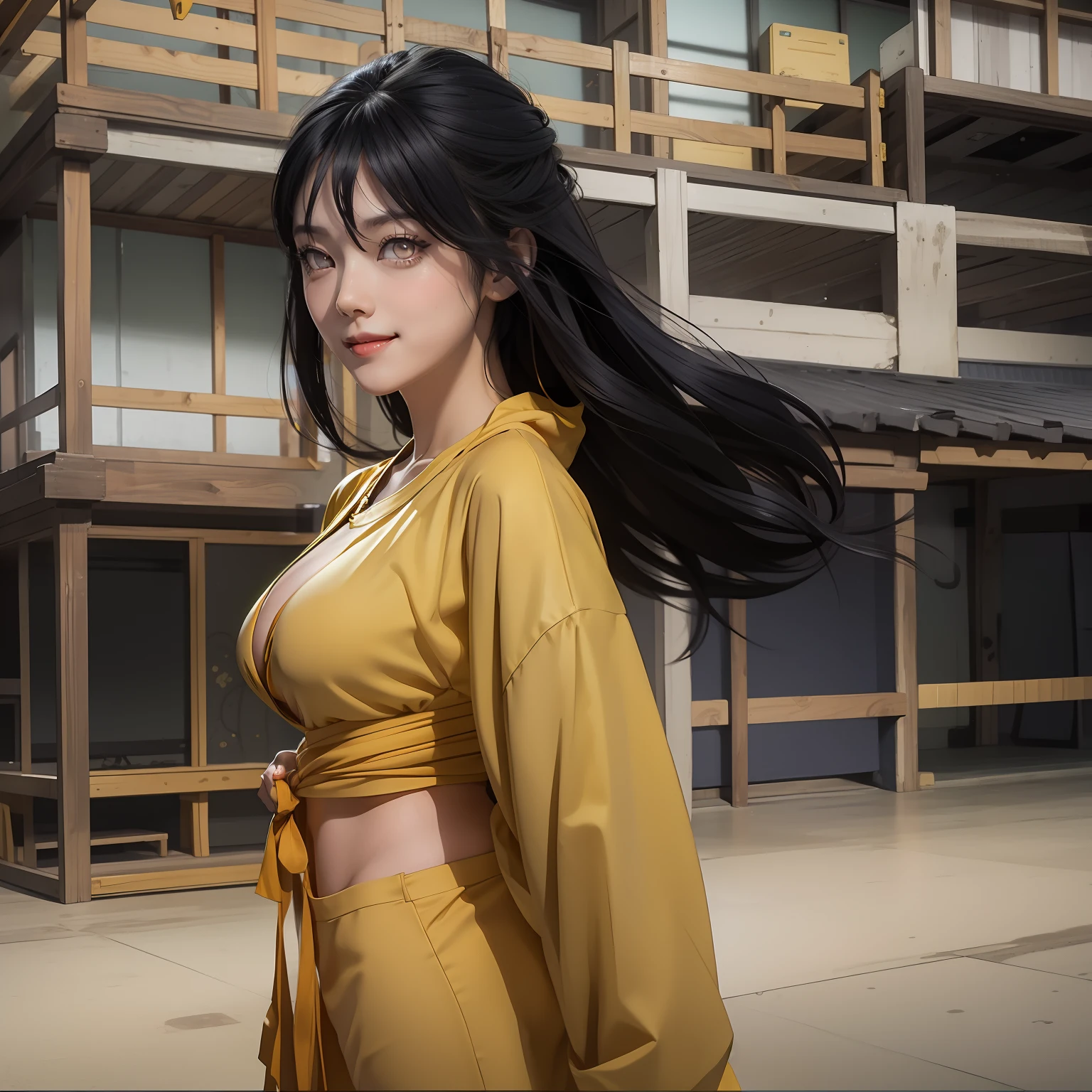 Birdseye view. beautiful woman, born Thai-korean as Tsunade Senju with a diamond mark on her forehead from the anime series “Naruto.” 30 years old at amidst Huangshan Mountain at sunset. dynamic martial arts on top cliff. she wears a green cardigan untied and  deep v neckline gray kimono untied . (the round a green cardigan is getting bigger, like a balloon about to pop). black long hair. chuckle. black open-toed sandals with high heels. high resolution, realistic, 8k