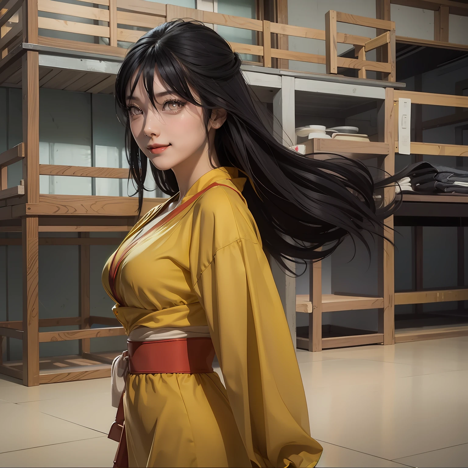 1girl, hyuga hanabi, long hair, sexy dress, black hair, white eyes, smile, beautiful, yellow clothes, very big breast, sexy clothes, indoor wallpaper, wallpaper realistic, wallpaper detail, indoor background, ultra detail, realistic