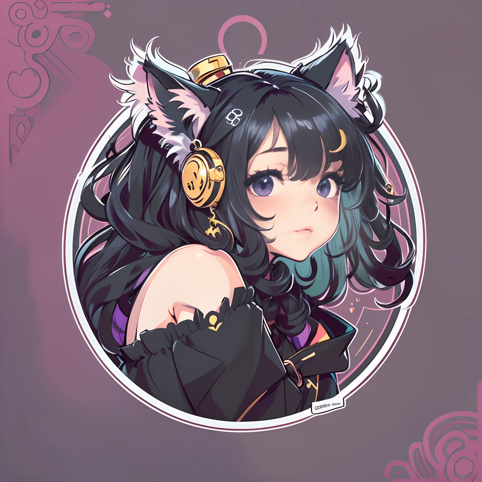 Sticker, Cute anime girl head, Long curly black hairstyle,Deep purple eyes,Black cat ears,cute clothing,Lazy feeling,in circle, White background, Pink background,Gold border,Simple, Ultra detailed, Detailed drawing, vectorised, Silhouette, 8K, professional sticker design, Flat design, Vector lines, Sticker, Drawing, Drawing, Full-HD