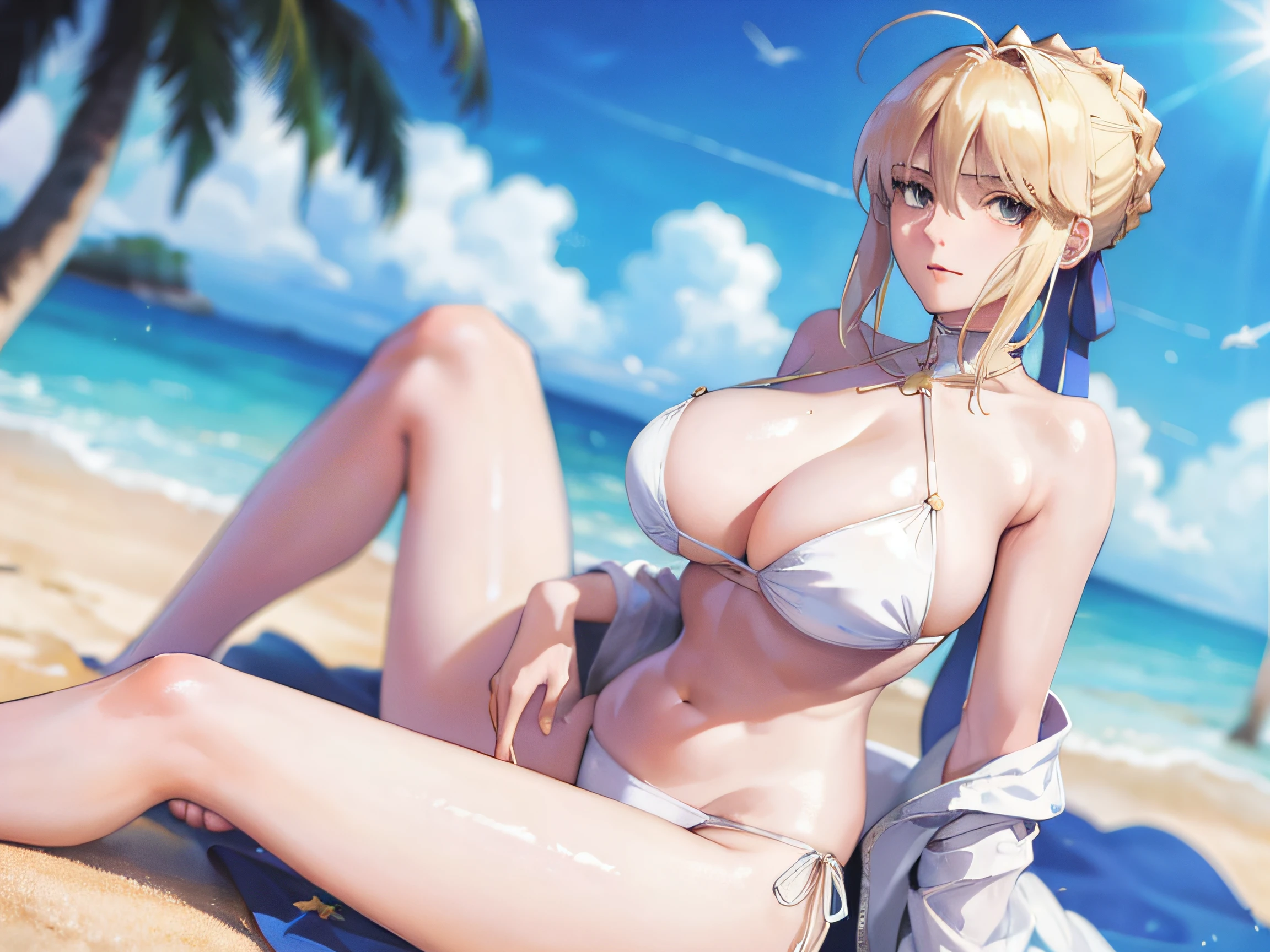 (Masterpiece:1.4), (Best quality:1.4), Realistic, 1girll,gigantic cleavage breasts，Artoria Pendragon \(fate\) , Clear bikini, beach,laying on，spread their legs，tit