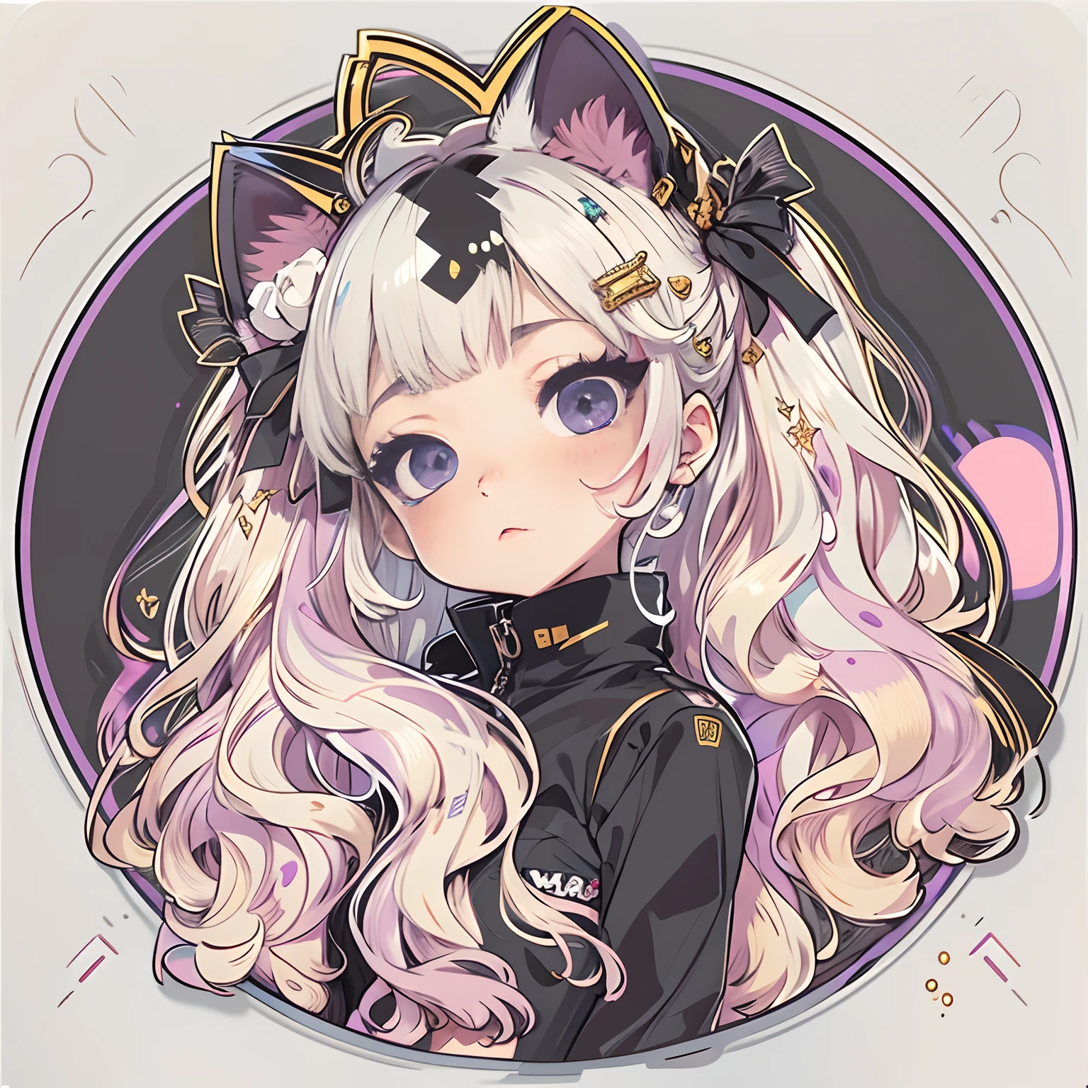 Sticker, Cute anime girl head, Long curly black hairstyle,Deep purple eyes,Black cat ears,cute clothing,Lazy feeling,in circle, White background, Pink background,Gold border,Simple, Ultra detailed, Detailed drawing, vectorised, Silhouette, 8K, professional sticker design, Flat design, Vector lines, Sticker, Drawing, Drawing, Full-HD