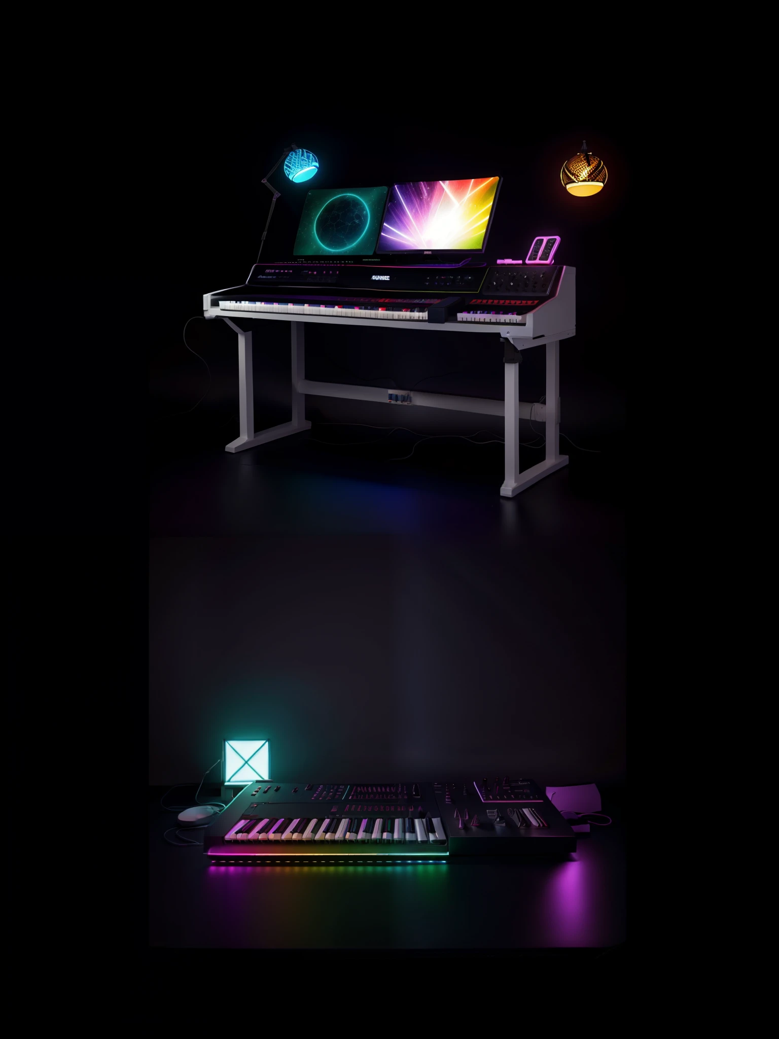White synthesizer , roland , Korg , Waldorf , masutepiece, top-quality, in 8K , intricate detailes, ultra-detailliert , light Particle、32K Digital Paint, Hyper-Realism,