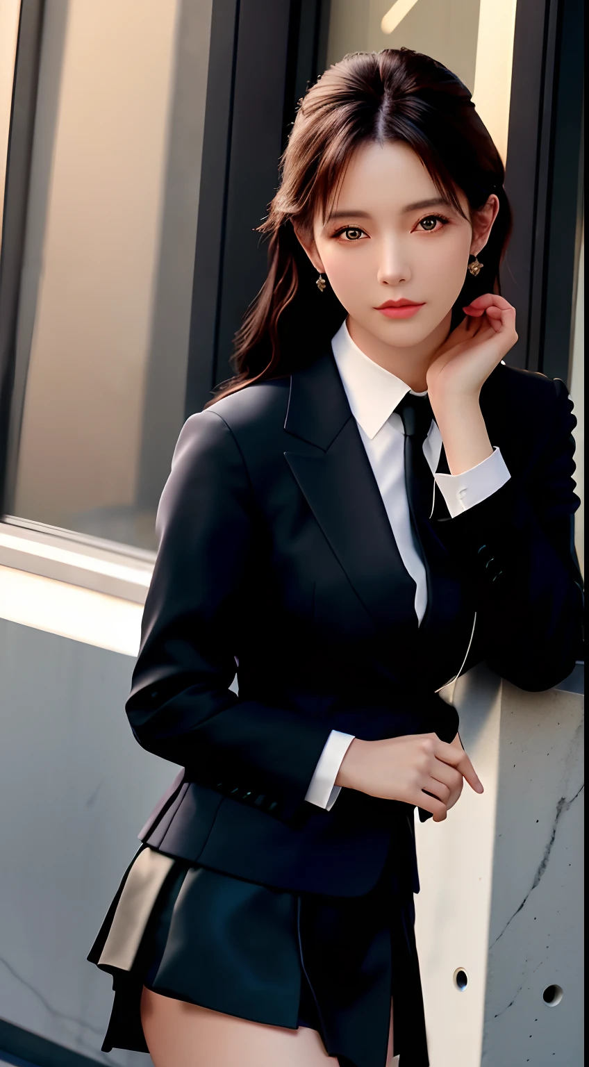 best quality, masterpiece, 1girl, Beautiful face, (photo realistic:1.3), rim lighting, (high detailed skin:1.2), 8k uhd, dslr, high quality, high resolution, 4k, 8k, Bokeh, absurdres, best ratio four finger and one thumb, (realistic:1.3), cute 1girl, wearing black formal blazer, medium breasts, short skirt,