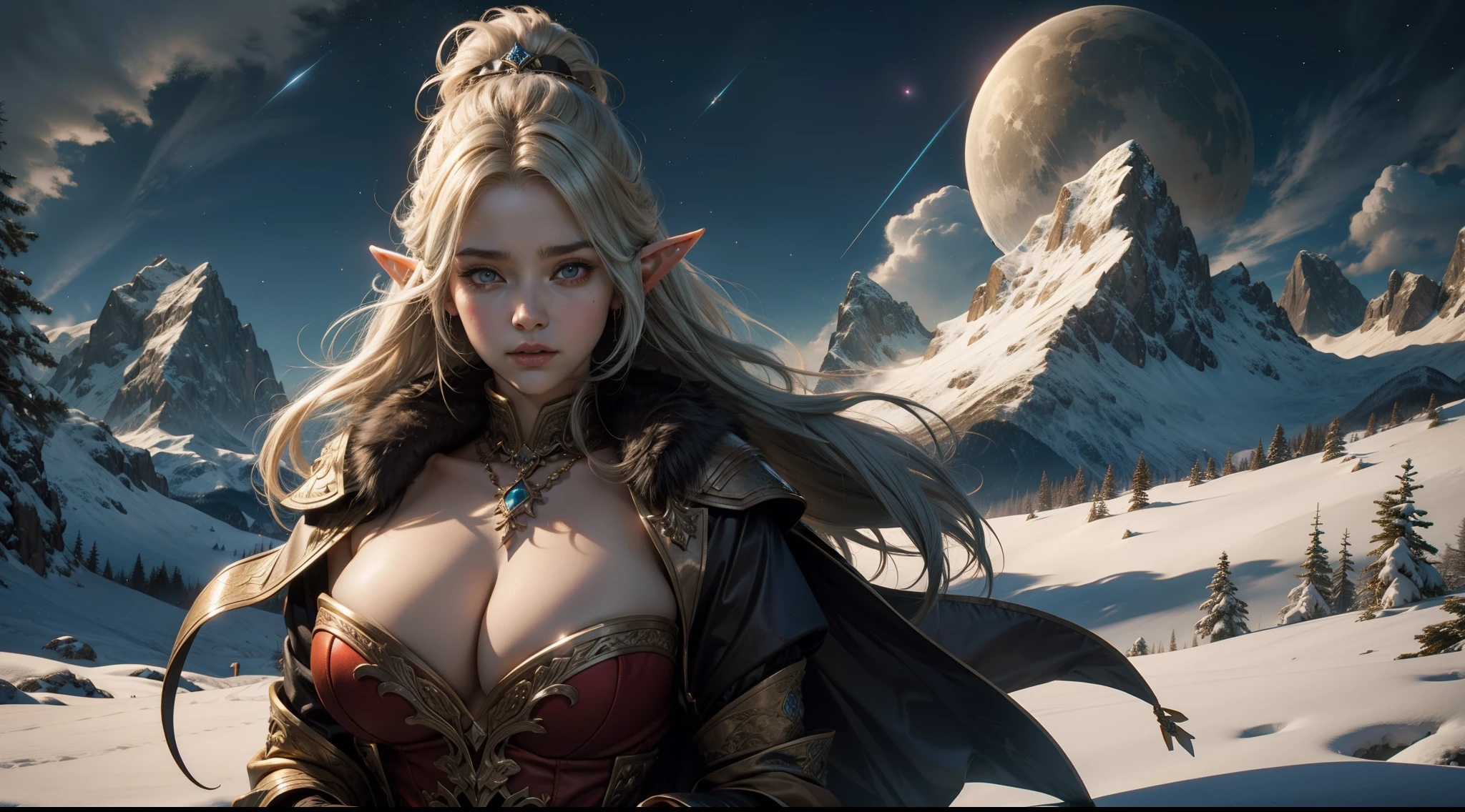 Female elf,Large breasts,upperbody shots,dramatics,Heavy fur clothes,Snow-capped mountains in the background,starrysky,meteors,magia