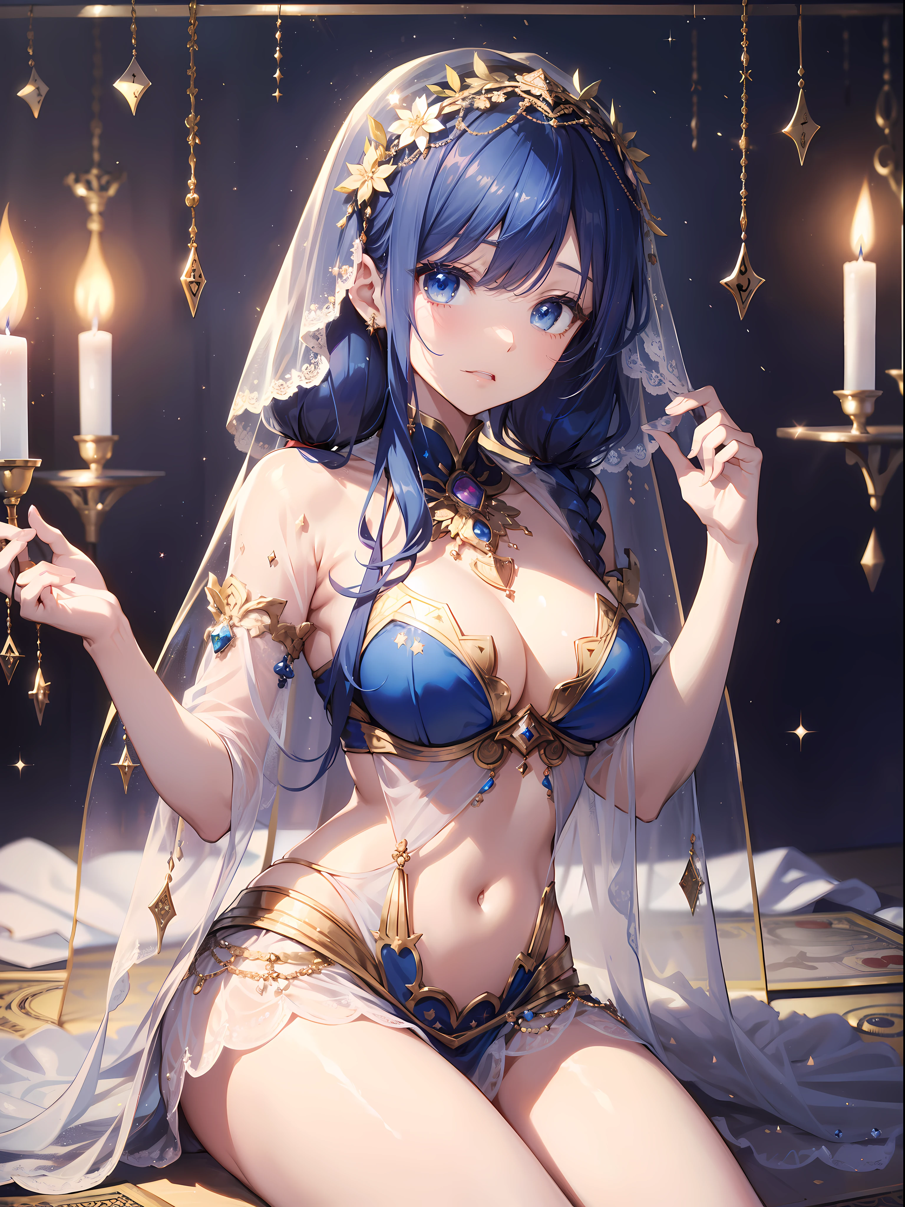 Belly dance、(((veils)))、((Face Veil))、Seated astrologer、(((Tarot Cards))), (masutepiece:1.4), (top-quality：1.4), Ultra high definition, max resolution, Very detailed, Professional Lighting, One girl, slender, Very cute, Young Face, ((long twintail))、((bleu hair))、Hair Ornament, Pink and white dress, Golden decoration, (Sheer clothes: 1.1), Blue eyes, Opening Mouth、candle、