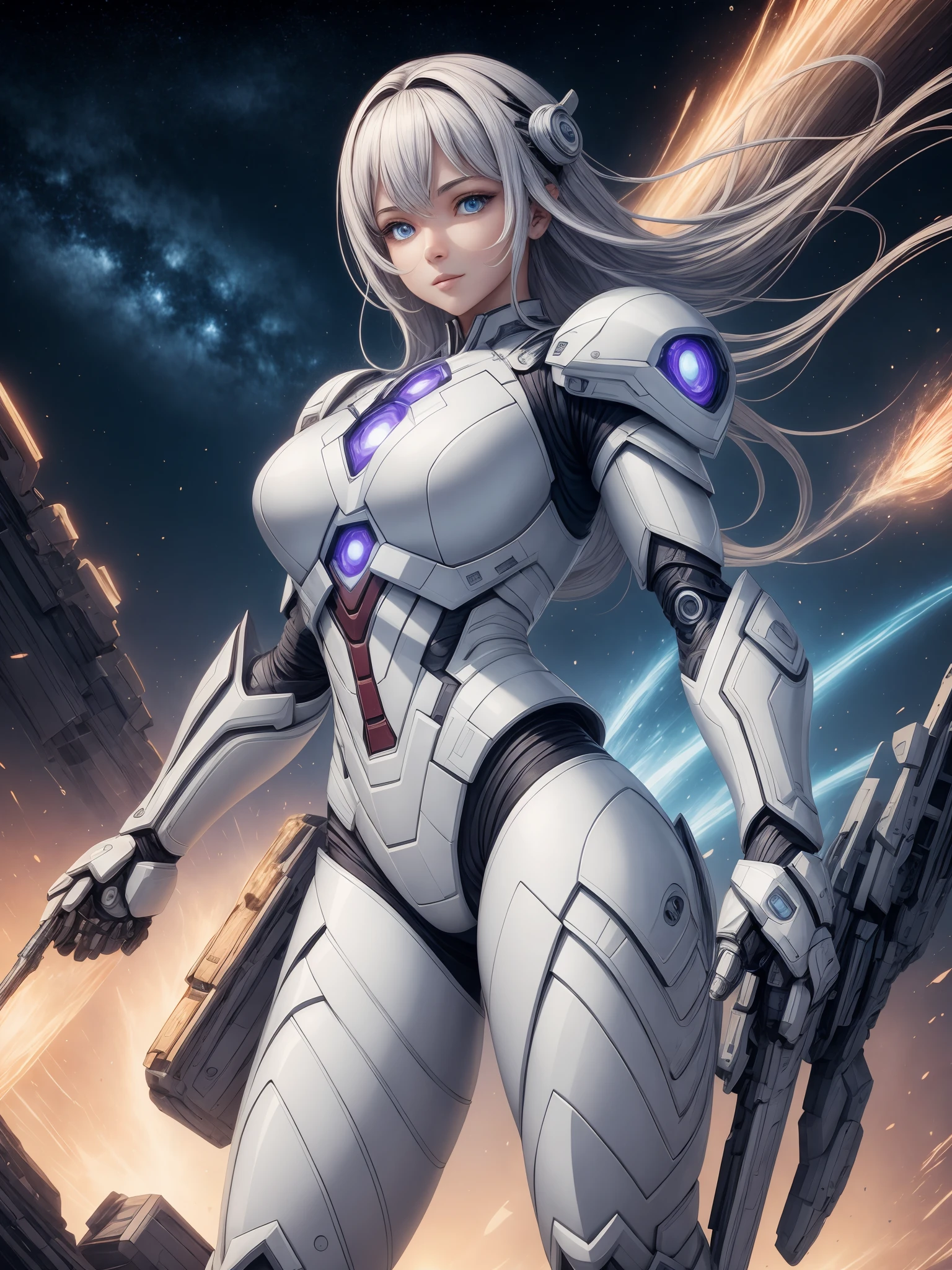 tmasterpiece，36K resolution，The girl's armor is mostly white，squatting with legs open，Very prominent facial details，In the background is a bright street，The girl wears a white Iron Man suit，Iron Man's clothes are made of light material，The girl palms her right hand against the camera，A plasma cannon is shot in the palm of his hand，Balance with your left hand