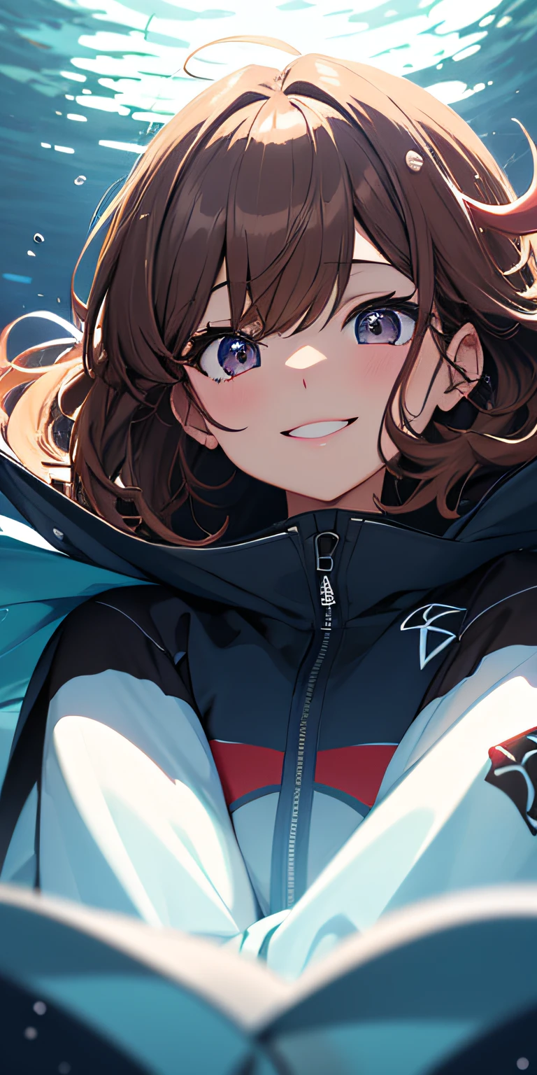 1girl, solamente,brown hair underwater, ojos rojos, labios separados, mangas largas, chaqueta, Parte superior del cuerpo, Snowy mountain background, Mirando al espectador, dientes, Abrigo de invierno, cosplay, cuerpo completo, They are smiling, Camisa corta de vientre, 6 abdominales, Anti cadera, Root seen from below, Fondo nocturno oscuro,prom, s la cara perfecta, Mano perfecta, Dedo perfecto, Labios perfectos, ojos perfectos, Fondo perfecto