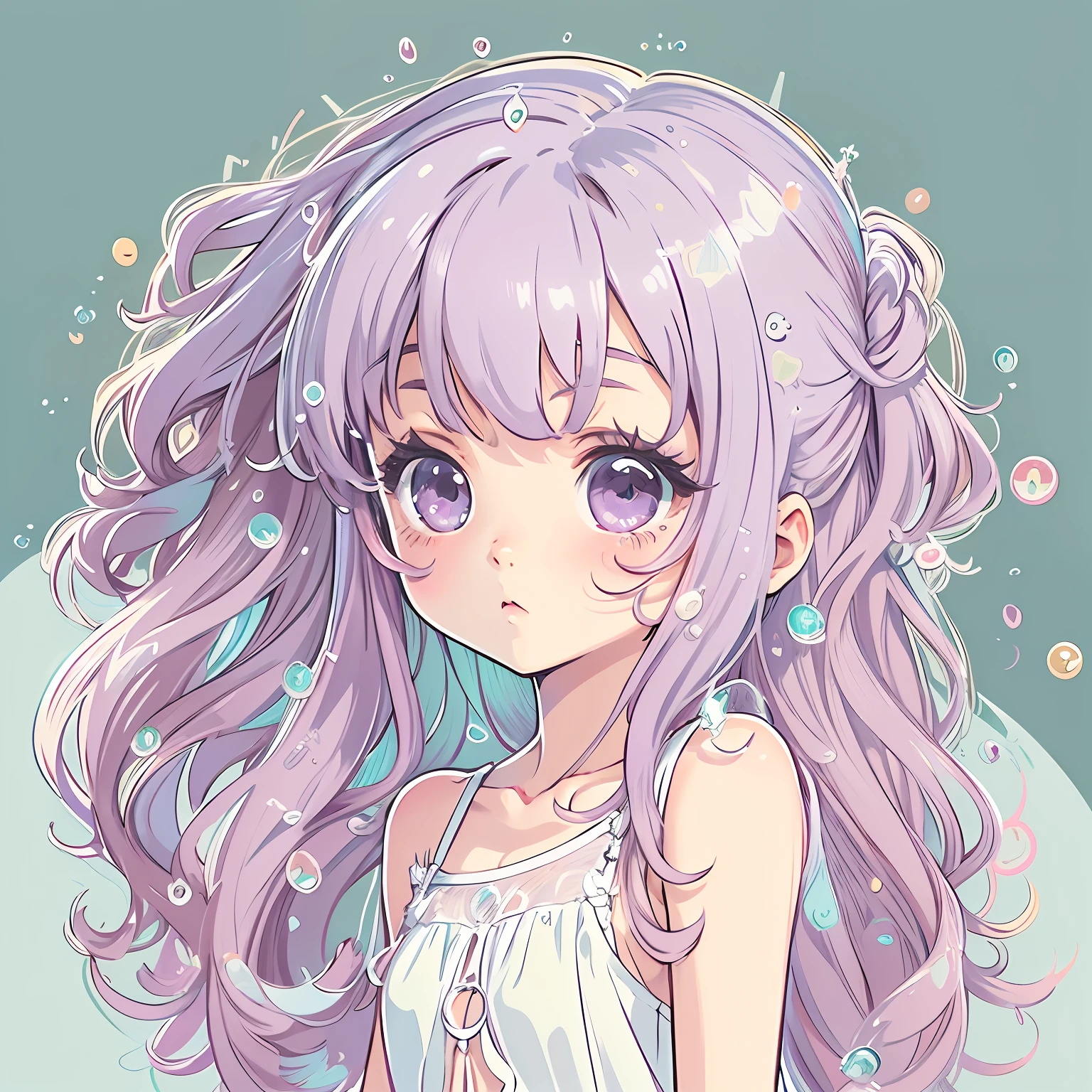 Sticker, Cute anime girl head, Long pink hairstyle,Light purple eyes,Cute white dress,The feeling of water droplets around,in circle, White background, Light blue background,Simple, Ultra detailed, Detailed drawing, vectorised, Silhouette, 8K, professional sticker design, Flat design, Vector lines, Sticker, Drawing, Drawing, Full-HD