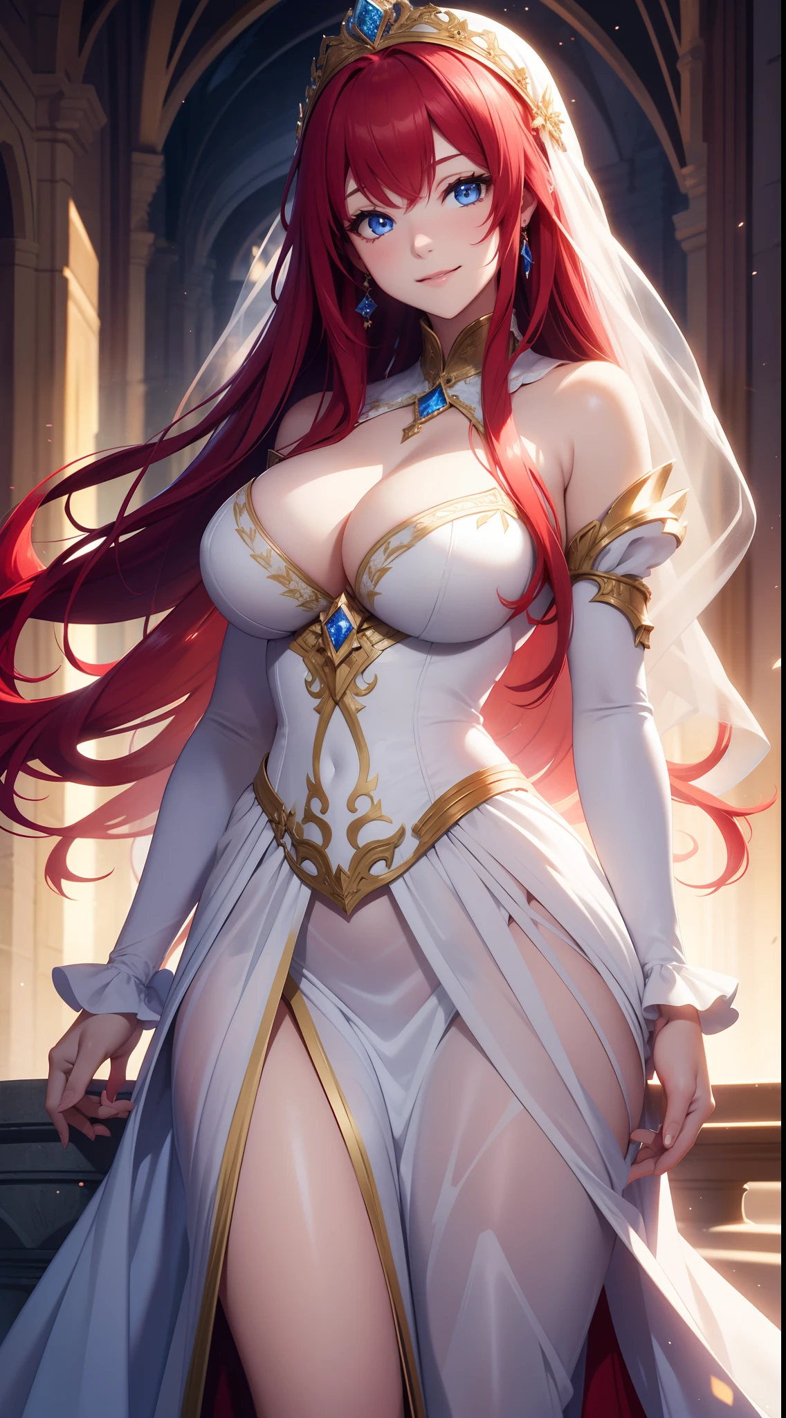 young girl, Long red hair, blue eyes, Huge-breasts, White princess dress, open breasts, Smile, Masterpiece, hiquality