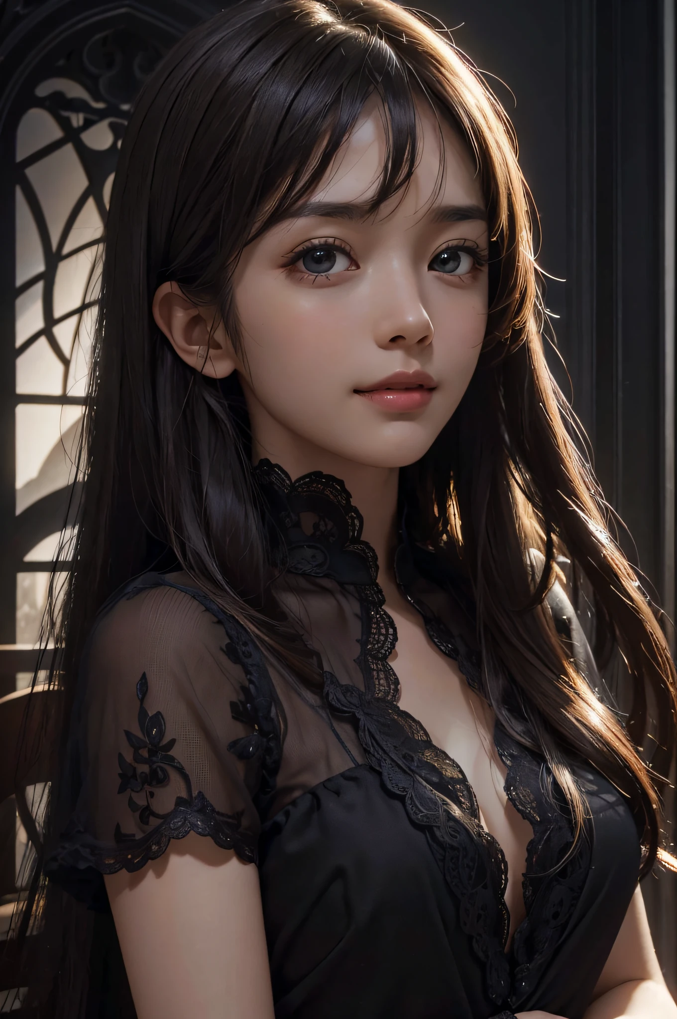 (Ultra Realistic), (Illustration), (Increased Resolution), (8K), (Extremely Detailed), (Best Illustration), (Beautiful and Detailed Eyes), (Best Quality), (Ultra Detailed), (Masterpiece ), ( wallpaper), (detailed face), solo, 1 girl, looking at viewer, fine details, detailed face, in the dark, deep shadows, low key, pureerosfaceace_v1, smiling, long hair, black shawl straight hair , 46 points oblique bangs