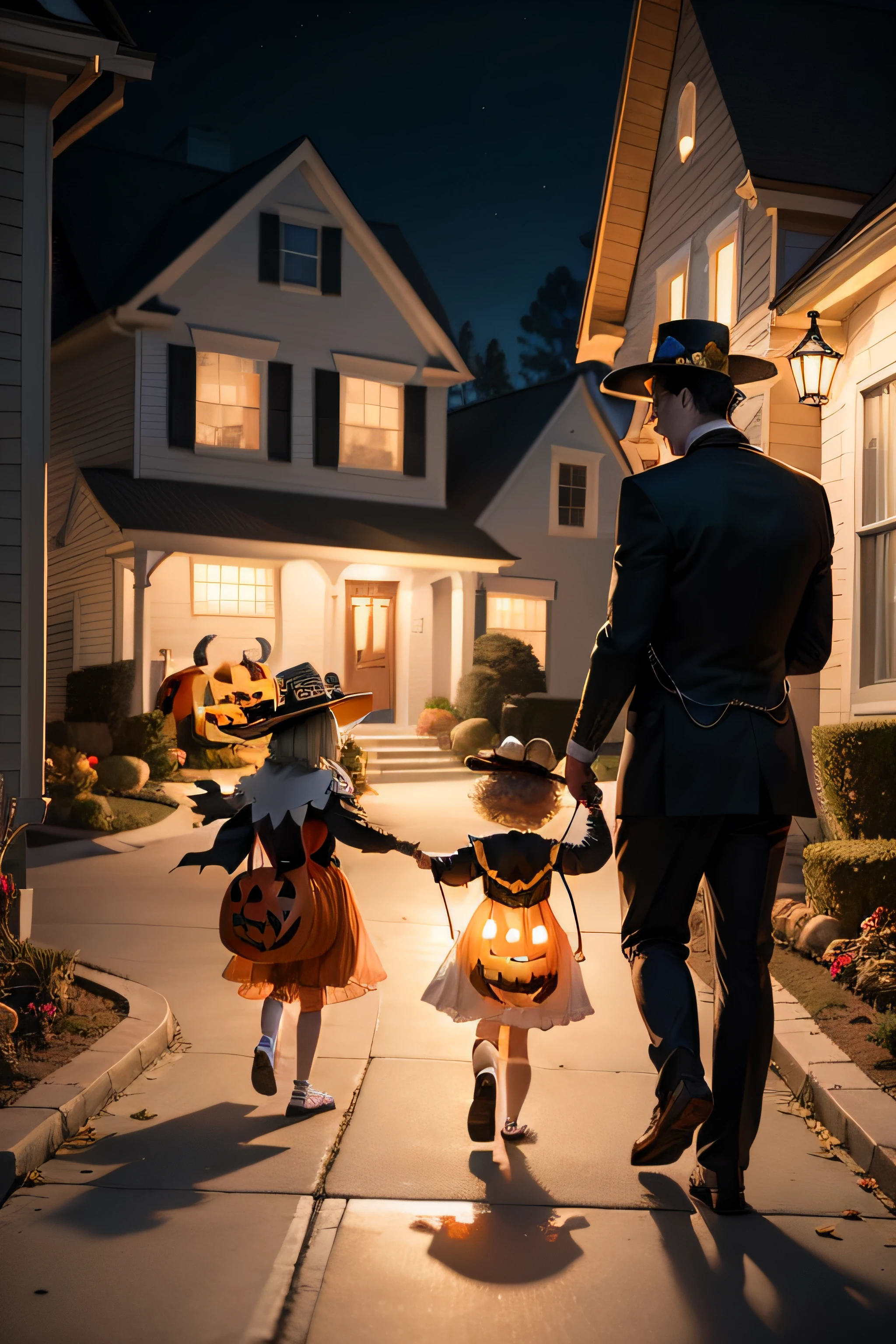 Trick-or-Treat Excitement: A joyful photo of costumed children and adults trick-or-treating on a charming suburban street, their faces lit up with excitement as they hold out bags for candy.