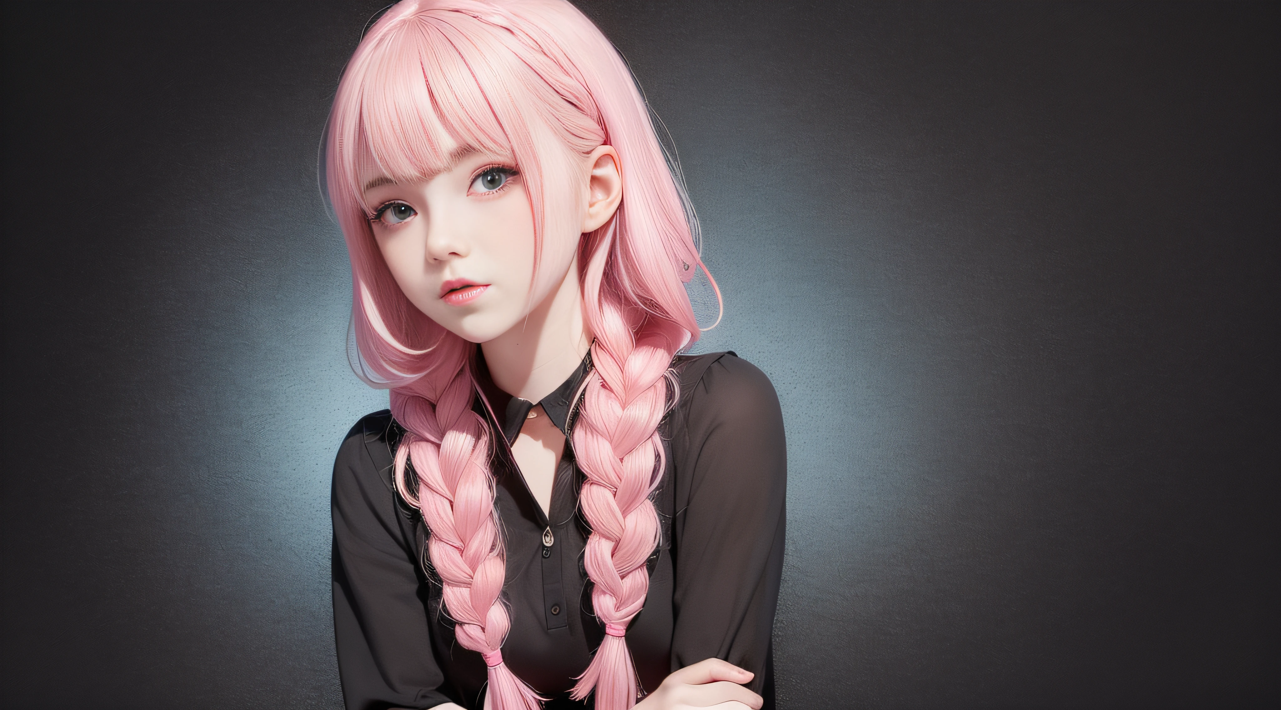 ((1 prefect cute face girl)),solo,black and pink casual summer wear,simple black and white background,highlight pink inner fishnet braid hair,upper body shot