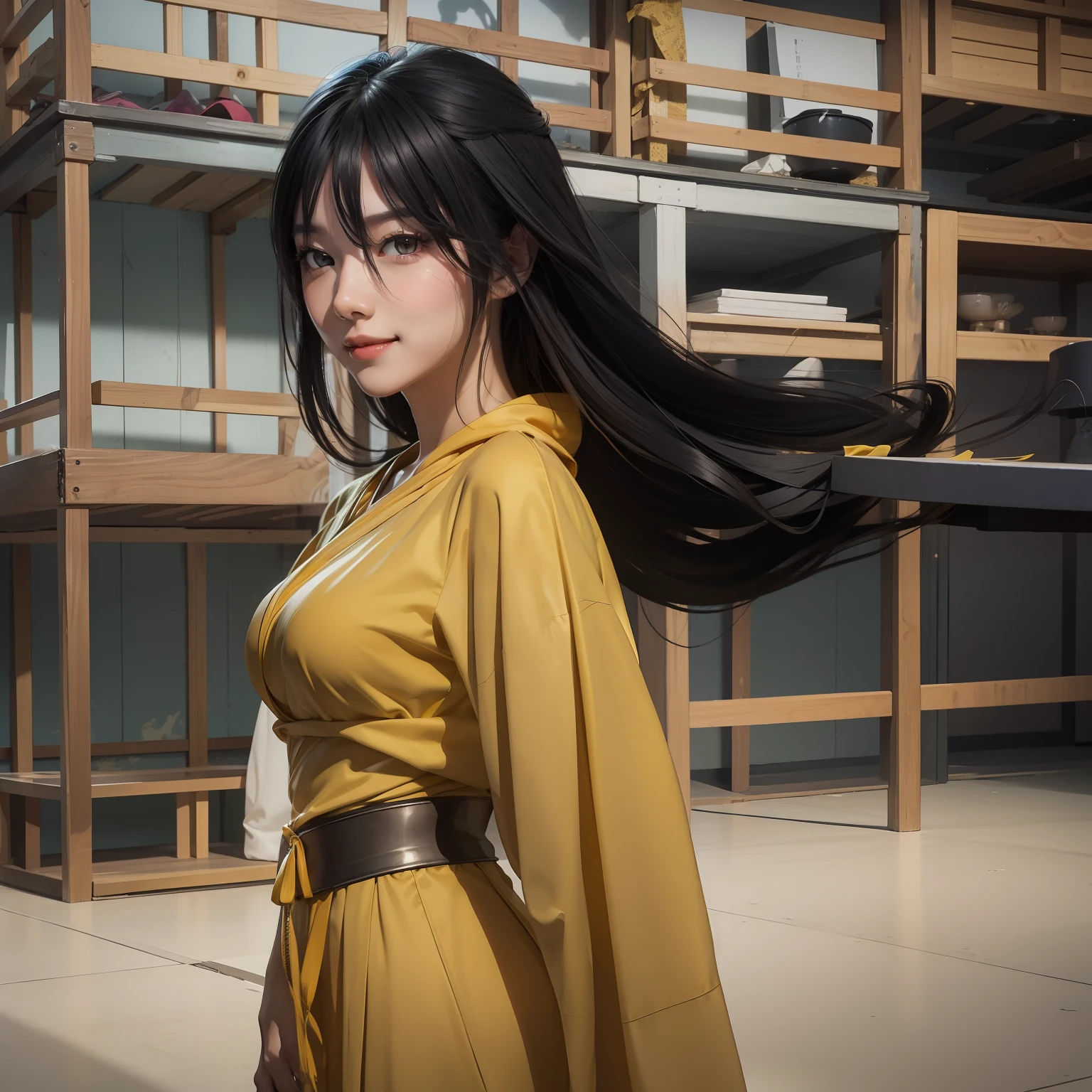 1girl, hyuga hanabi, long hair, sexy dress, black hair, white eyes, smile, beautiful, yellow clothes, very big breast, sexy clothes, indoor wallpaper, wallpaper realistic, wallpaper detail, indoor background, ultra detail, realistic