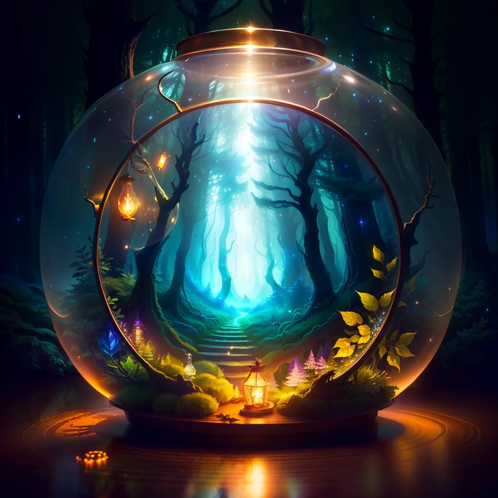 a round window with a forest scene inside it, forest portal, magical forest backround, enchanted magical fantasy forest, magical forest background, magical fantasy forest, a beautiful artwork illustration, 3 d render stylized, calm night. digital illustration, fantasy forest background, magical forest with fireflies, graphic of enchanted terrarium, enchanted and magic forest, magical portal gateway