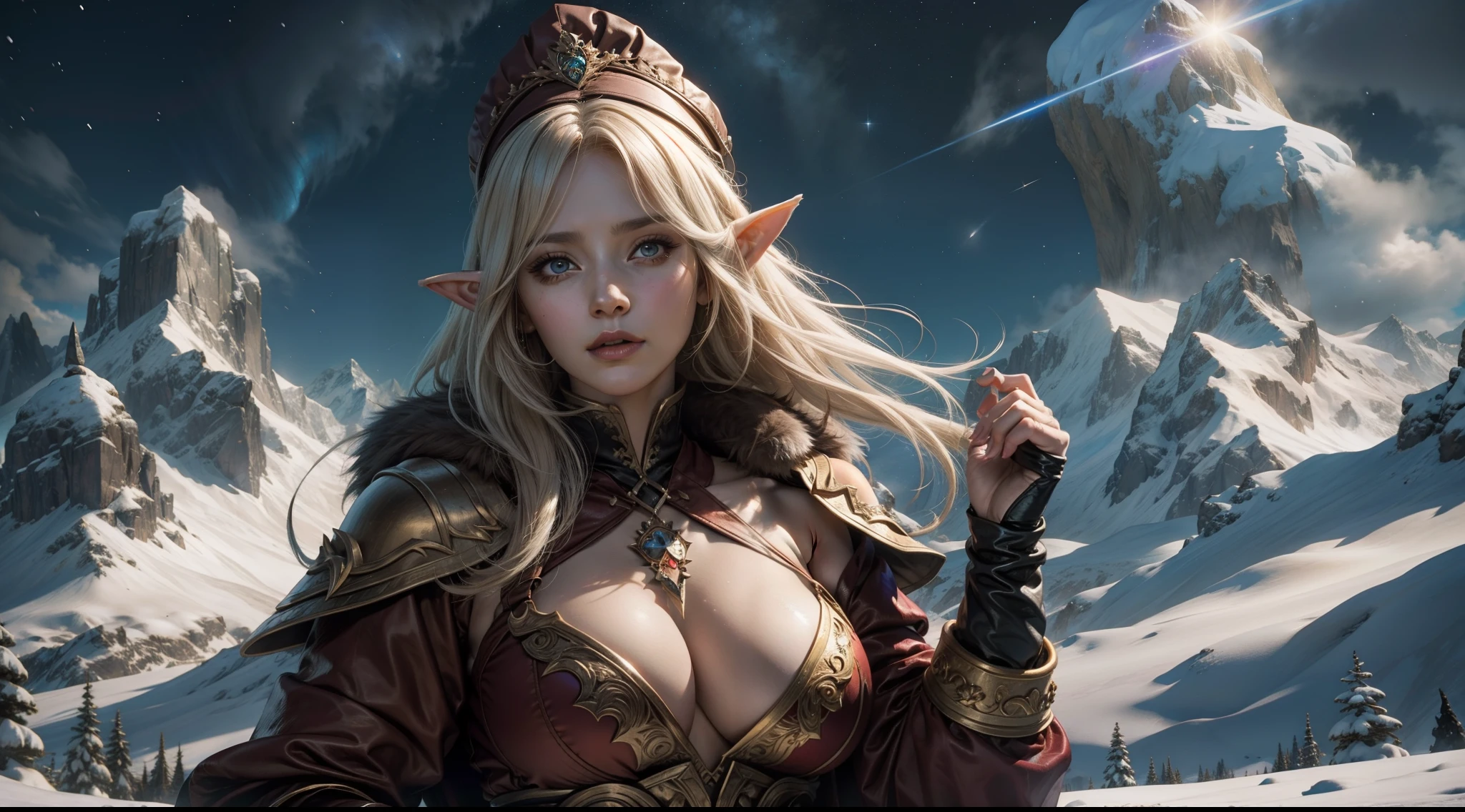 Female elf，Large breasts，upperbody shots，dramatics，dynamicposes，Heavy fur clothes，Snow-capped mountains in the background，starrysky，meteors，magia