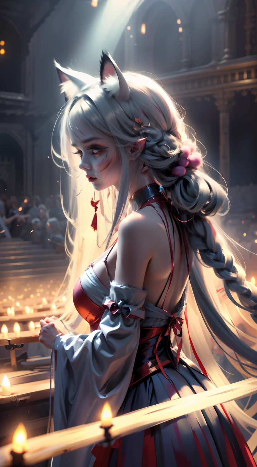 teens girl,Cat demon,(Cat ears),long whitr hair,Glowing eyes,luminous hair,facing away from the audience,There is a scar on the back,blood stain,closeup of face,(Light silk),(Glazed tulle),(Subtle warm light),(richcolors),Movie special effects,Lazy,Blood,Freehand masterpiece,ultra - detailed,Epic composition,high qulity,HighestQuali,4K。
