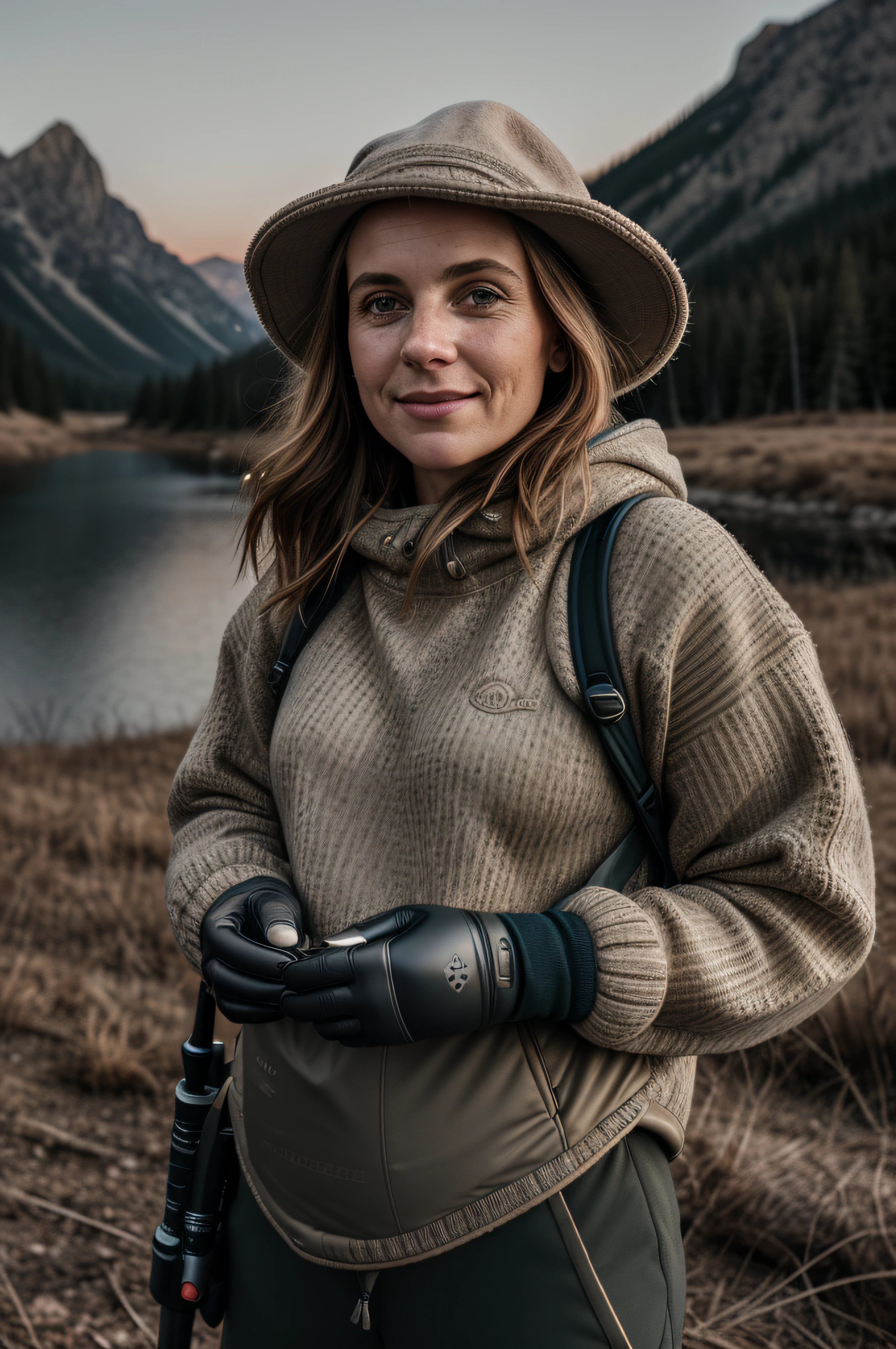 1 woman((upper body selfie, happy)), masterpiece, best quality, ultra-detailed, solo, outdoors, (night), mountains, nature, (stars, moon) cheerful, happy, backpack, sleeping bag, camping stove, water bottle, mountain boots, gloves, sweater, hat, flashlight, forest, rocks, river, wood, smoke, shadows, contrast, clear sky, analog style (look at viewer:1.2) (skin texture) (film grain:1.3), (warm hue, warm tone) :1.2), close up, cinematic light, sidelighting, ultra high res, best shadow, RAW, upper body, old man, wearing pullover